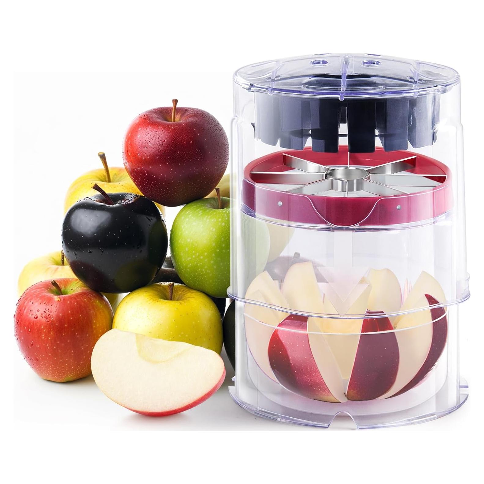 OOKUU Professional Apple Slicer, 8-Slice Ultra-Safe Heavy-Duty Stainless Steel Apple Cutter, 5.12-Inch Extra-Large Corer Cuts Apples All the Way Through with Transparent Bowl