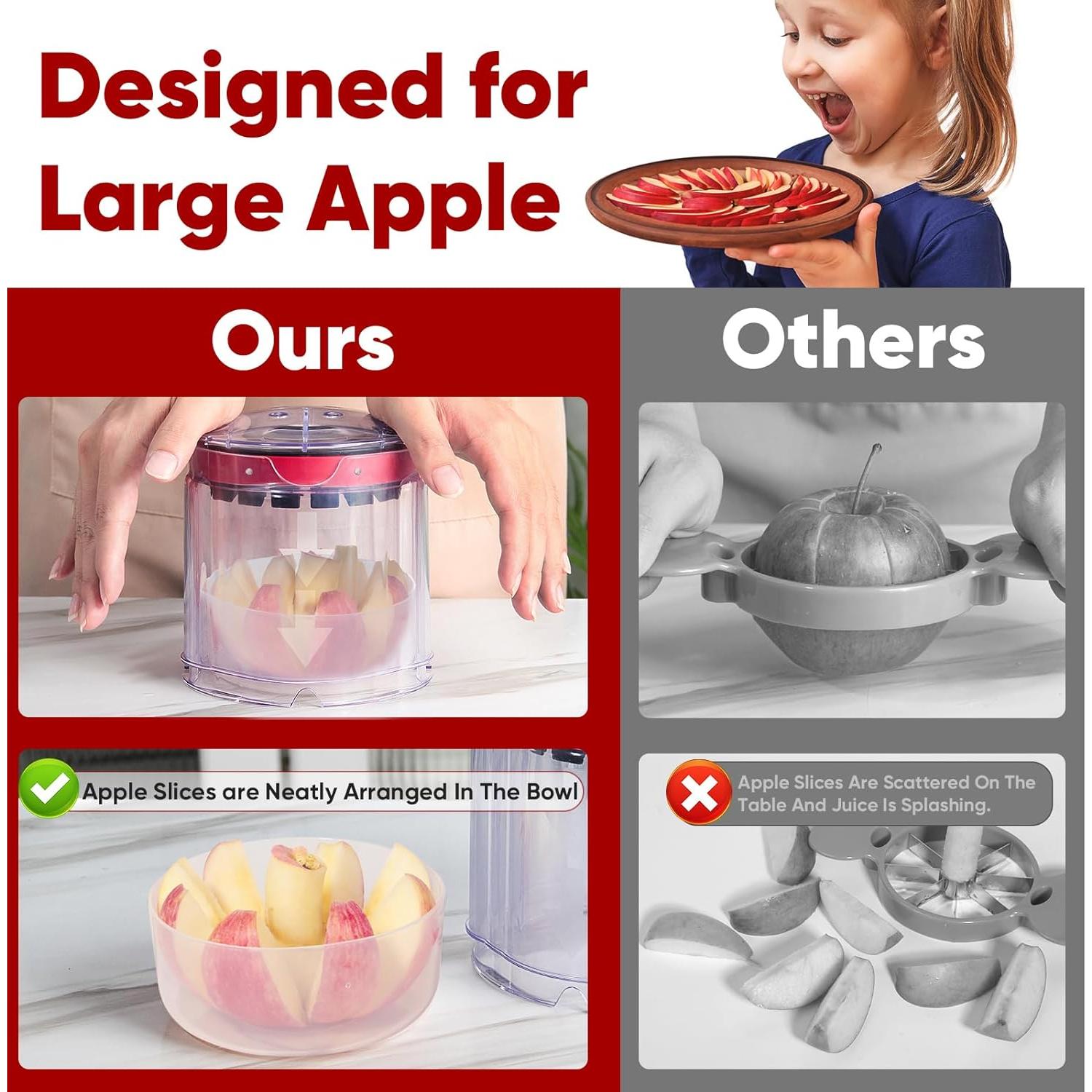 OOKUU Professional Apple Slicer, 8-Slice Ultra-Safe Heavy-Duty Stainless Steel Apple Cutter, 5.12-Inch Extra-Large Corer Cuts Apples All the Way Through with Transparent Bowl