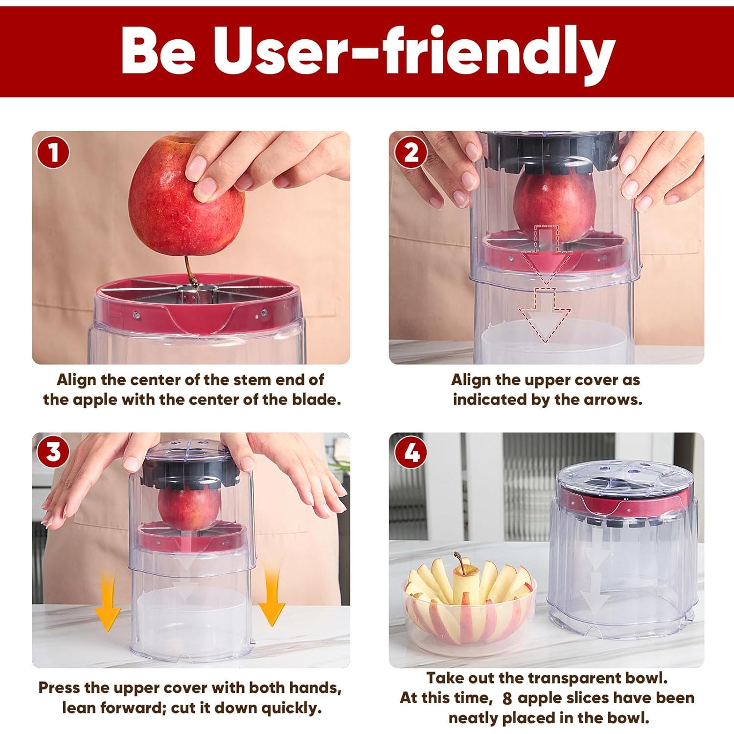 OOKUU Professional Apple Slicer, 8-Slice Ultra-Safe Heavy-Duty Stainless Steel Apple Cutter, 5.12-Inch Extra-Large Corer Cuts Apples All the Way Through with Transparent Bowl