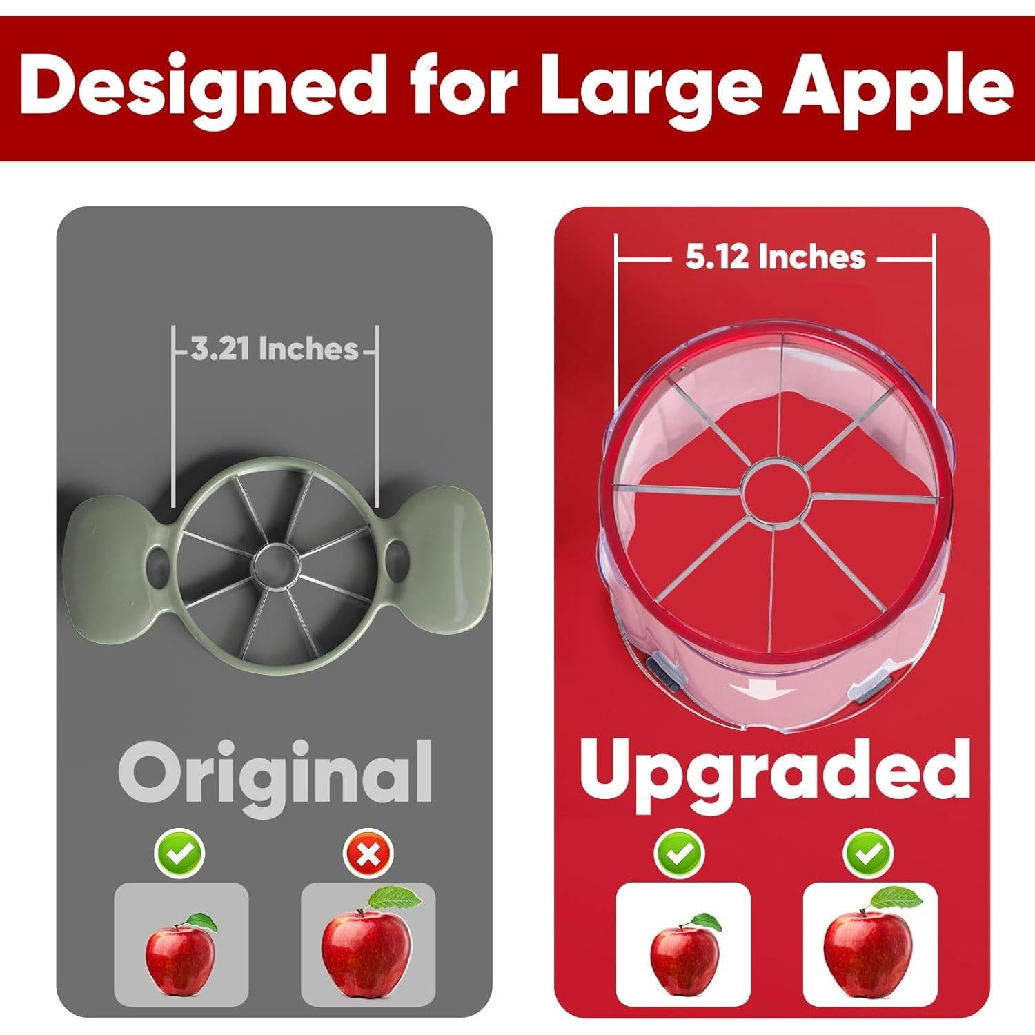 OOKUU Professional Apple Slicer, 8-Slice Ultra-Safe Heavy-Duty Stainless Steel Apple Cutter, 5.12-Inch Extra-Large Corer Cuts Apples All the Way Through with Transparent Bowl
