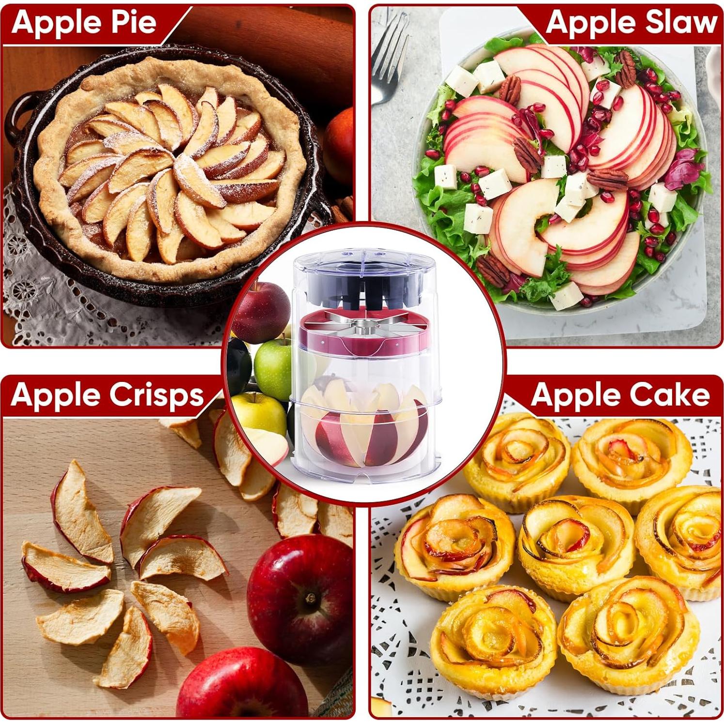 OOKUU Professional Apple Slicer, 8-Slice Ultra-Safe Heavy-Duty Stainless Steel Apple Cutter, 5.12-Inch Extra-Large Corer Cuts Apples All the Way Through with Transparent Bowl