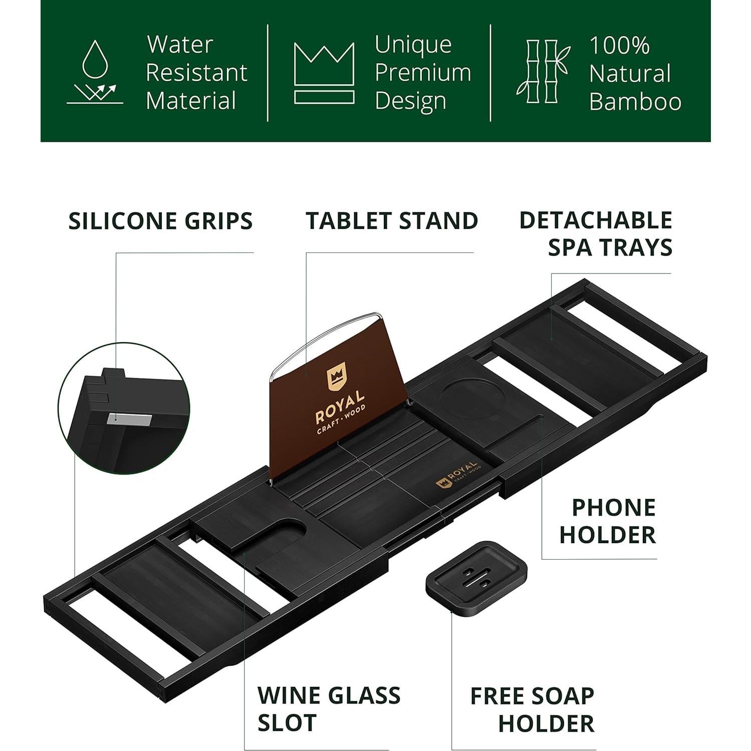 Bandeja de Baño Plegable Royal Craft Wood de Bambú Negro