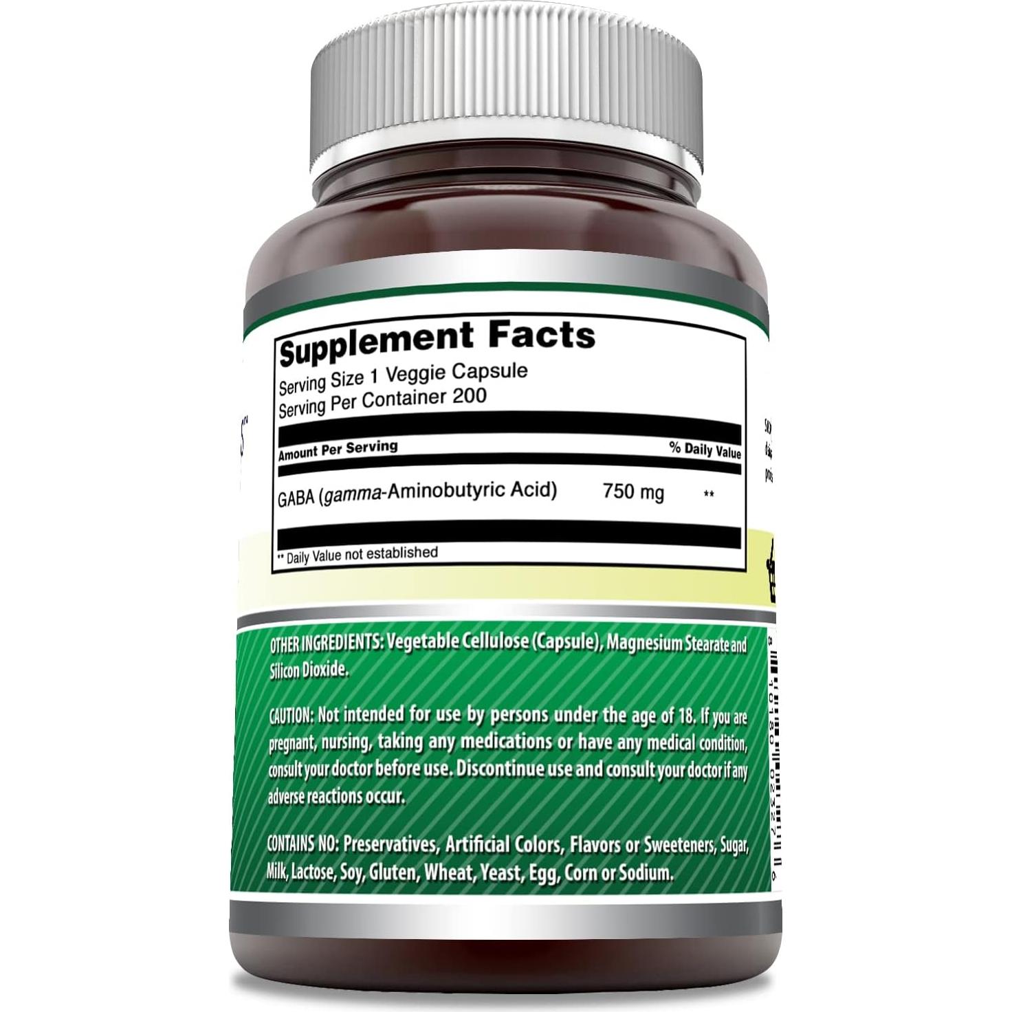 Suplemento GABA 750mg Fórmulas Asombrosas 200 Cápsulas Vegetales