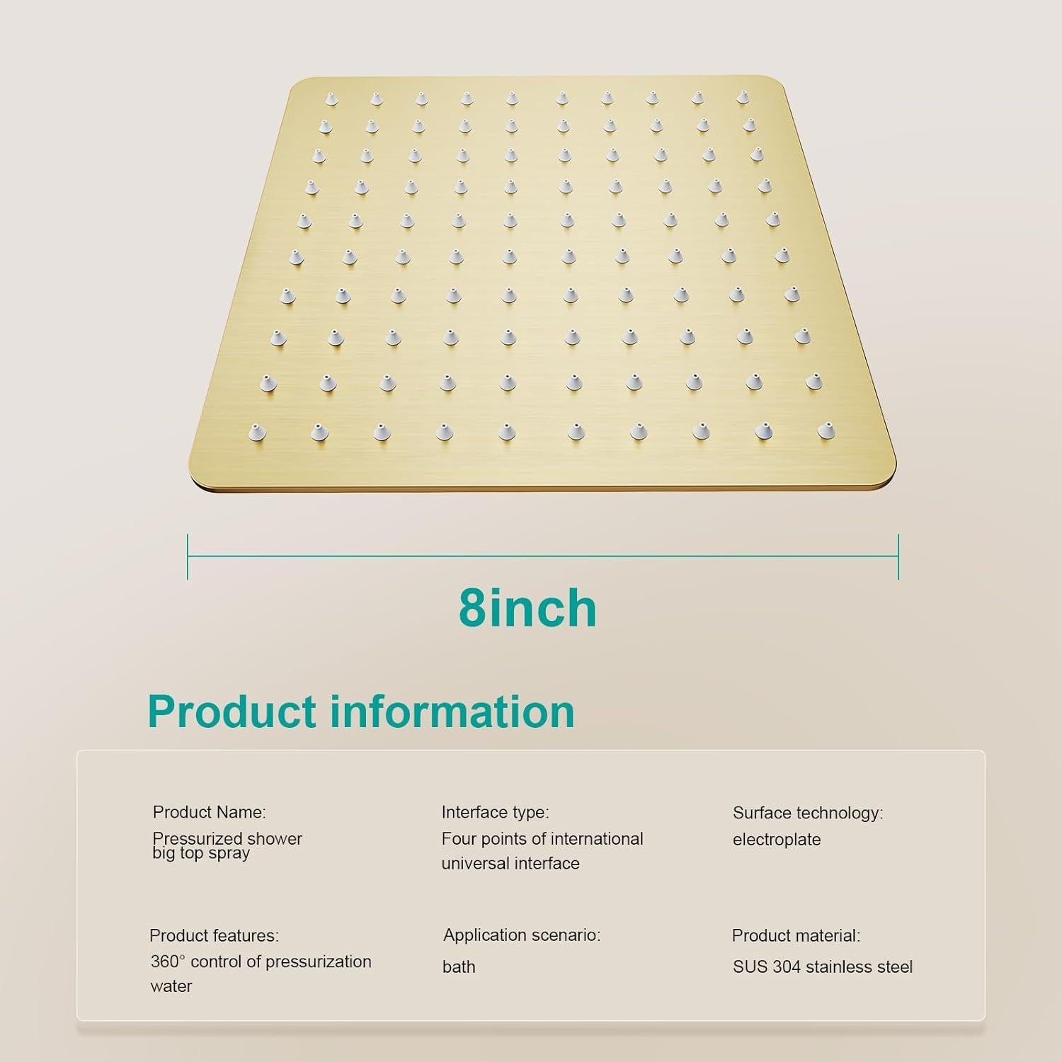 Cabezal de Ducha Cuadrado AULEEND 20.32 cm Oro Cepillado