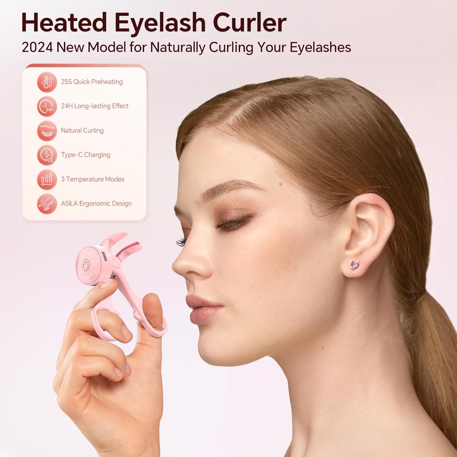 ASILA Heated Eyelash Curler with 3 Heating Modes, Rechargeable Electric Lash Curler with Type-C, C-Shaped Natural Curling, Anti-Burn Mini Heat Design, 24 Hours Long Lasting, Gift for Women Girls, Pink