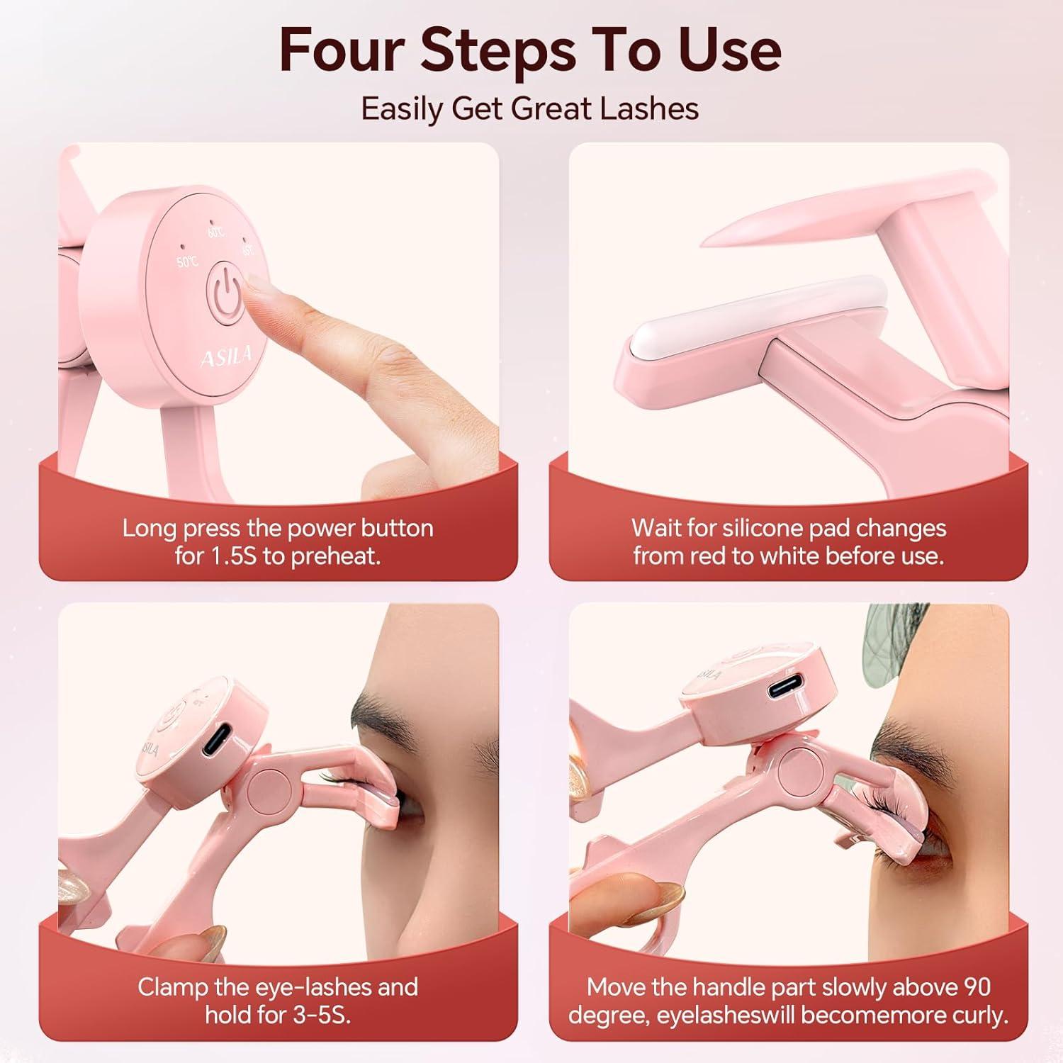 ASILA Heated Eyelash Curler with 3 Heating Modes, Rechargeable Electric Lash Curler with Type-C, C-Shaped Natural Curling, Anti-Burn Mini Heat Design, 24 Hours Long Lasting, Gift for Women Girls, Pink