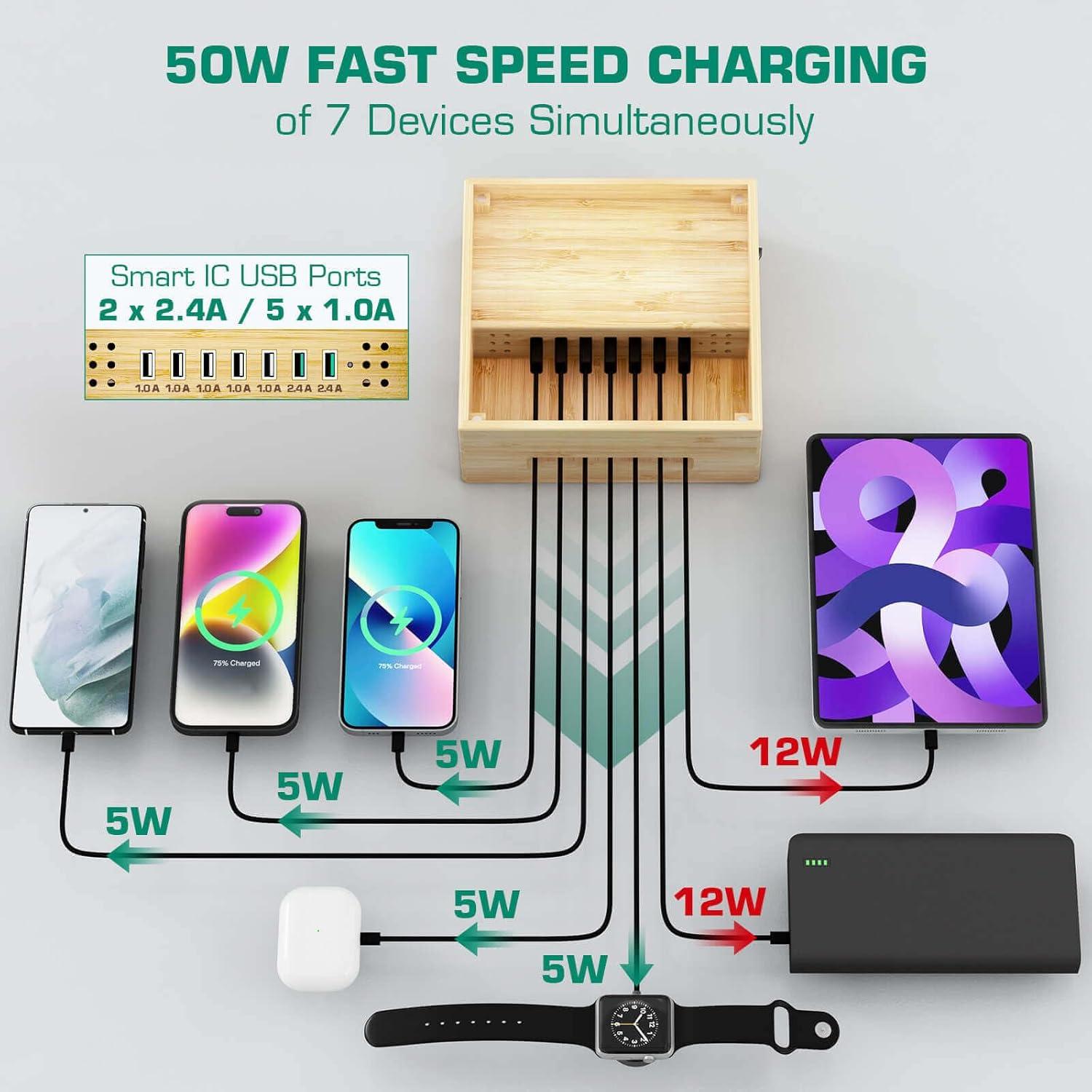 Estación de Carga de Madera de Bambú Darfoo 7 Puertos USB