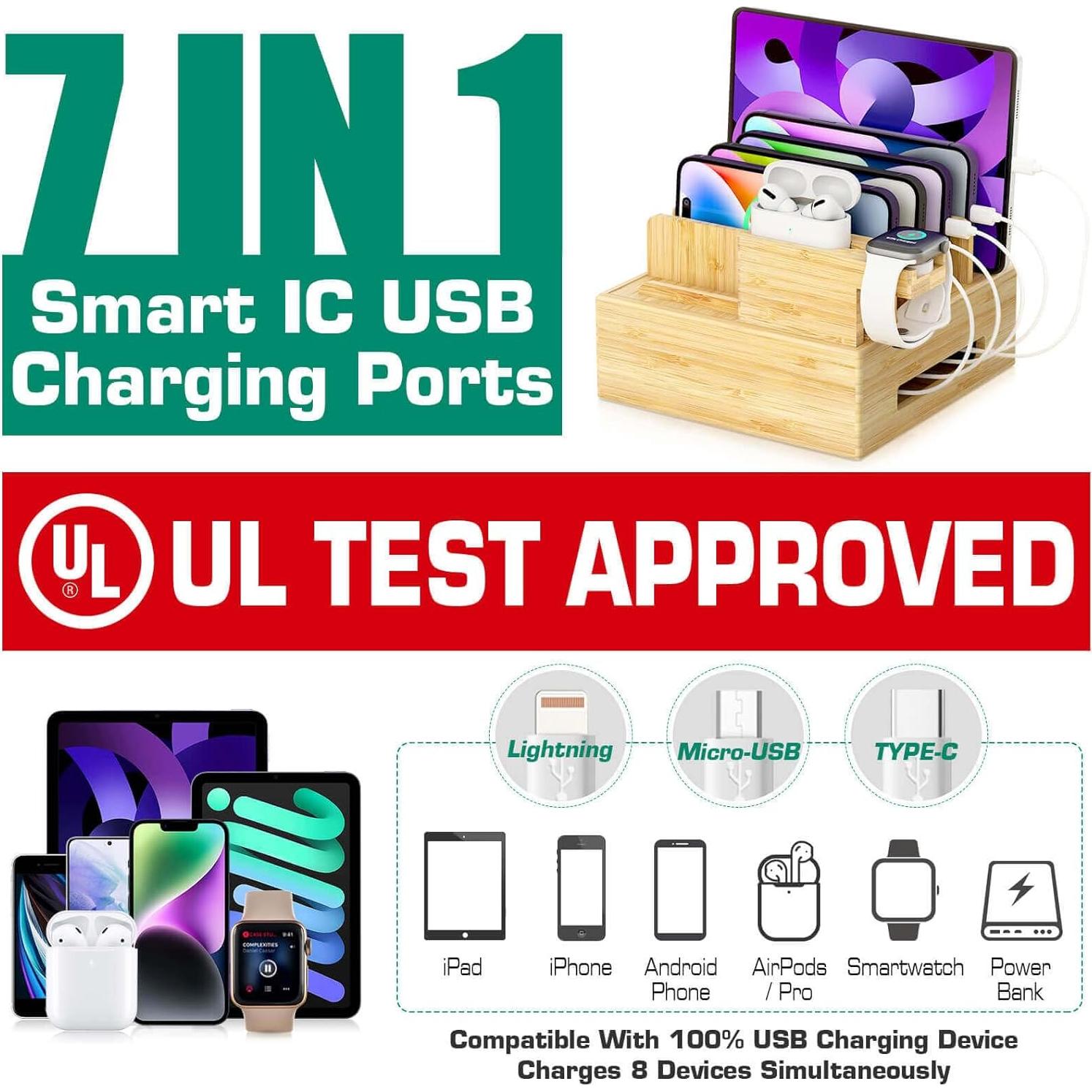 Estación de Carga de Madera de Bambú Darfoo 7 Puertos USB