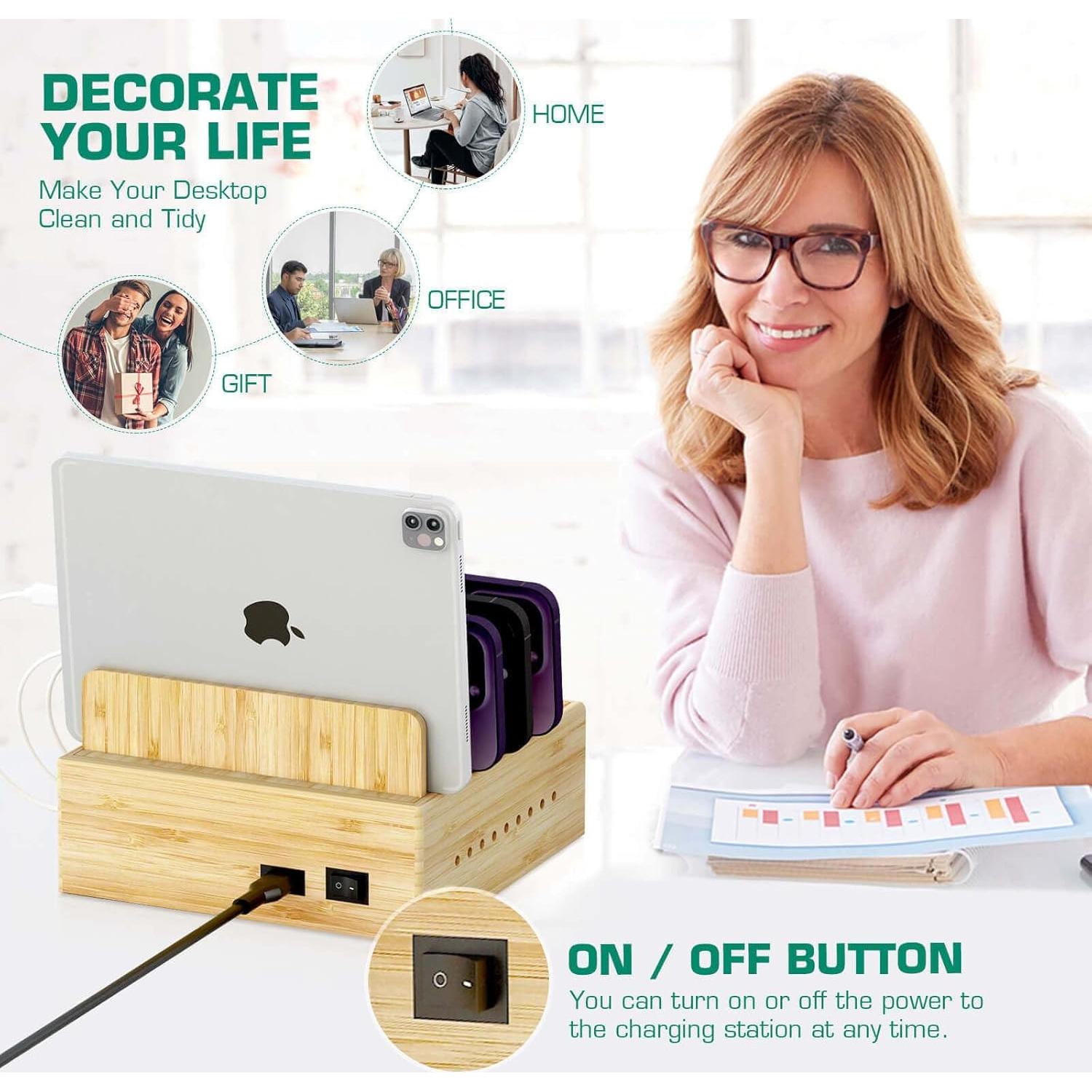 Estación de Carga de Madera de Bambú Darfoo 7 Puertos USB