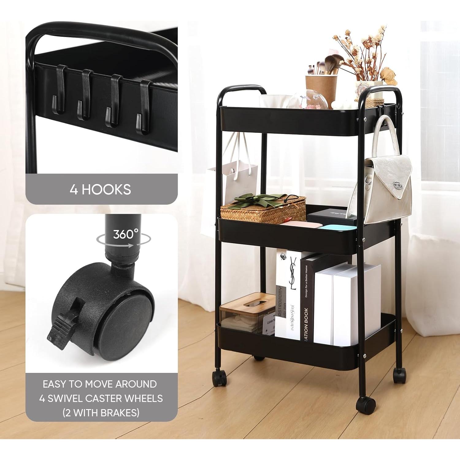 Carro de Utilidad Móvil Ufriandz 3 Niveles Negro con Ruedas