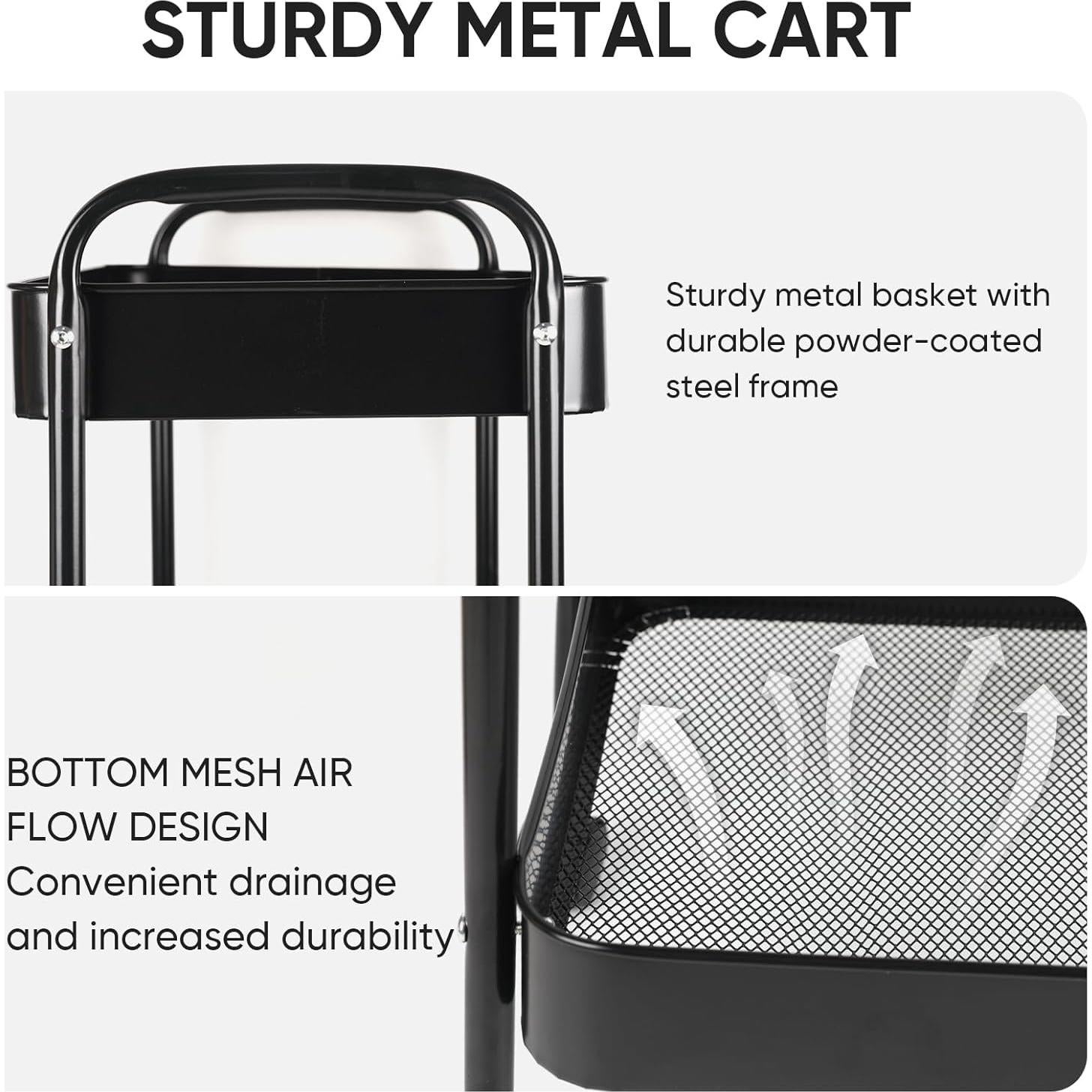 Carro de Utilidad Móvil Ufriandz 3 Niveles Negro con Ruedas