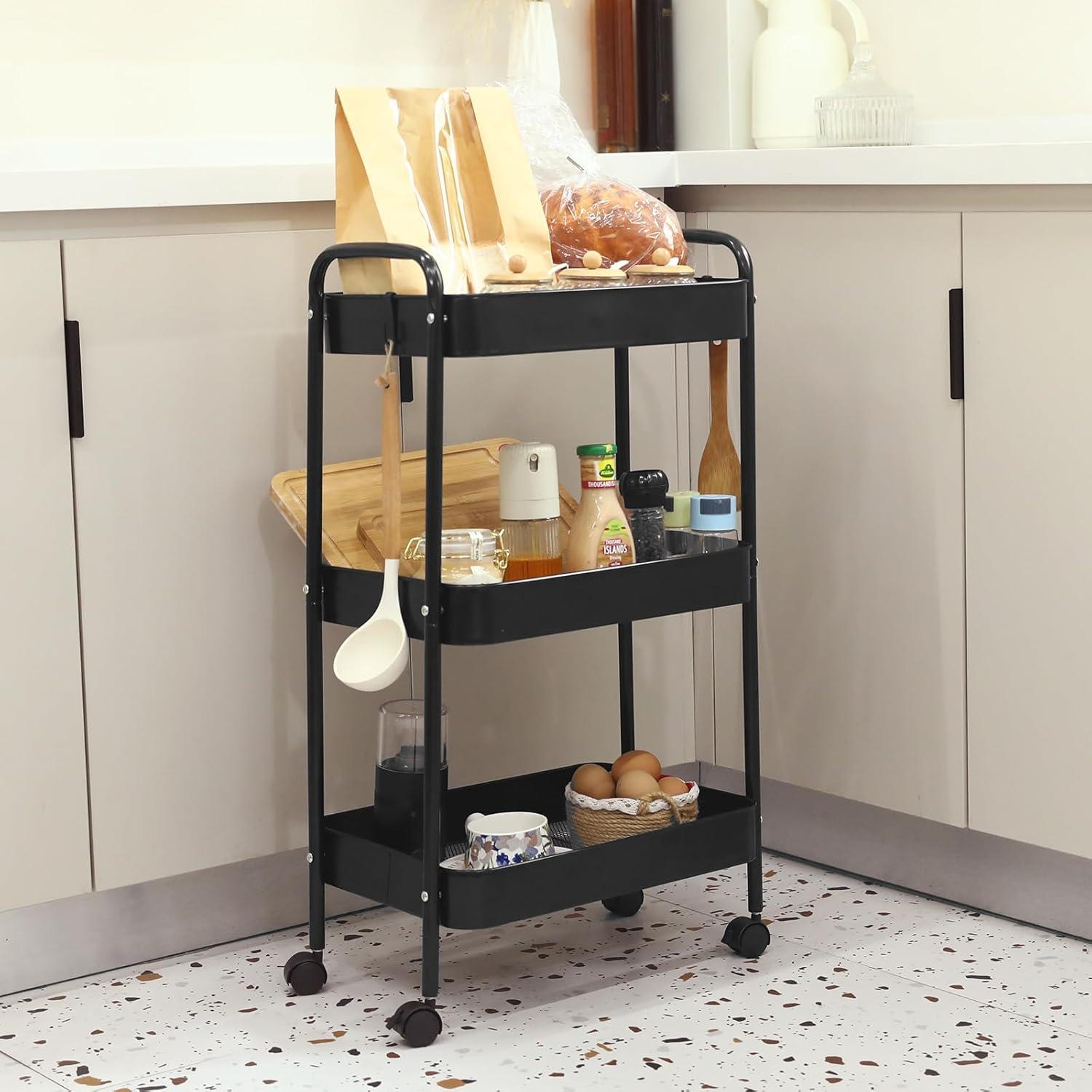 Carro de Utilidad Móvil Ufriandz 3 Niveles Negro con Ruedas