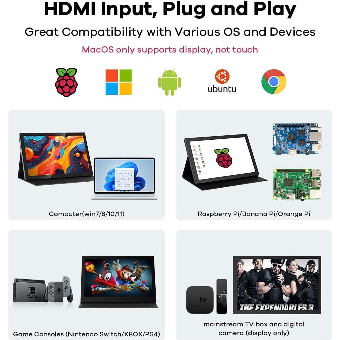 Monitor táctil LCD IPS 10.1" Hosyond 1280x800 HDMI Raspberry Pi