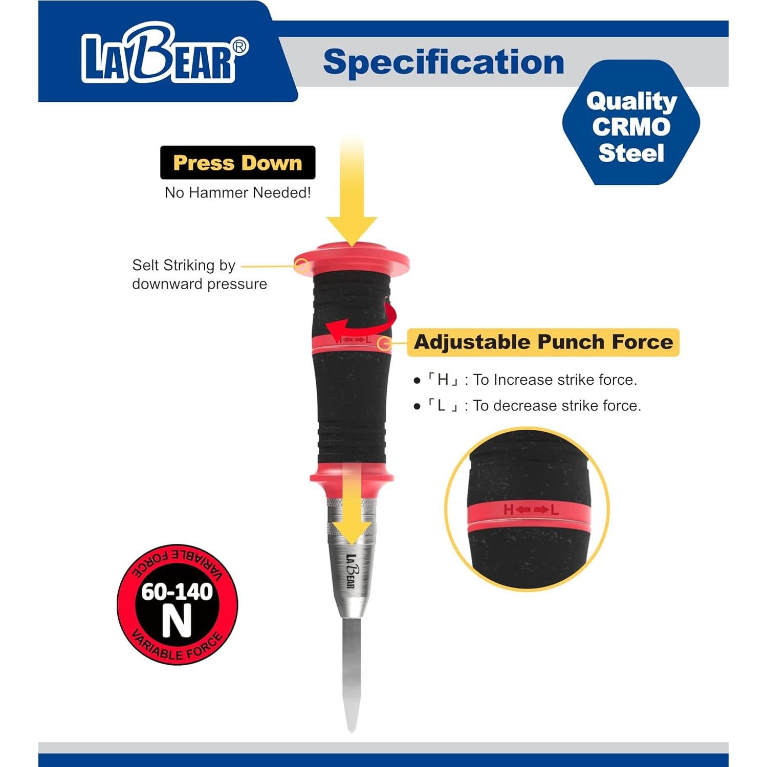 Punzón Automático de Centro LABEAR 15 cm con Punta de Acero S2