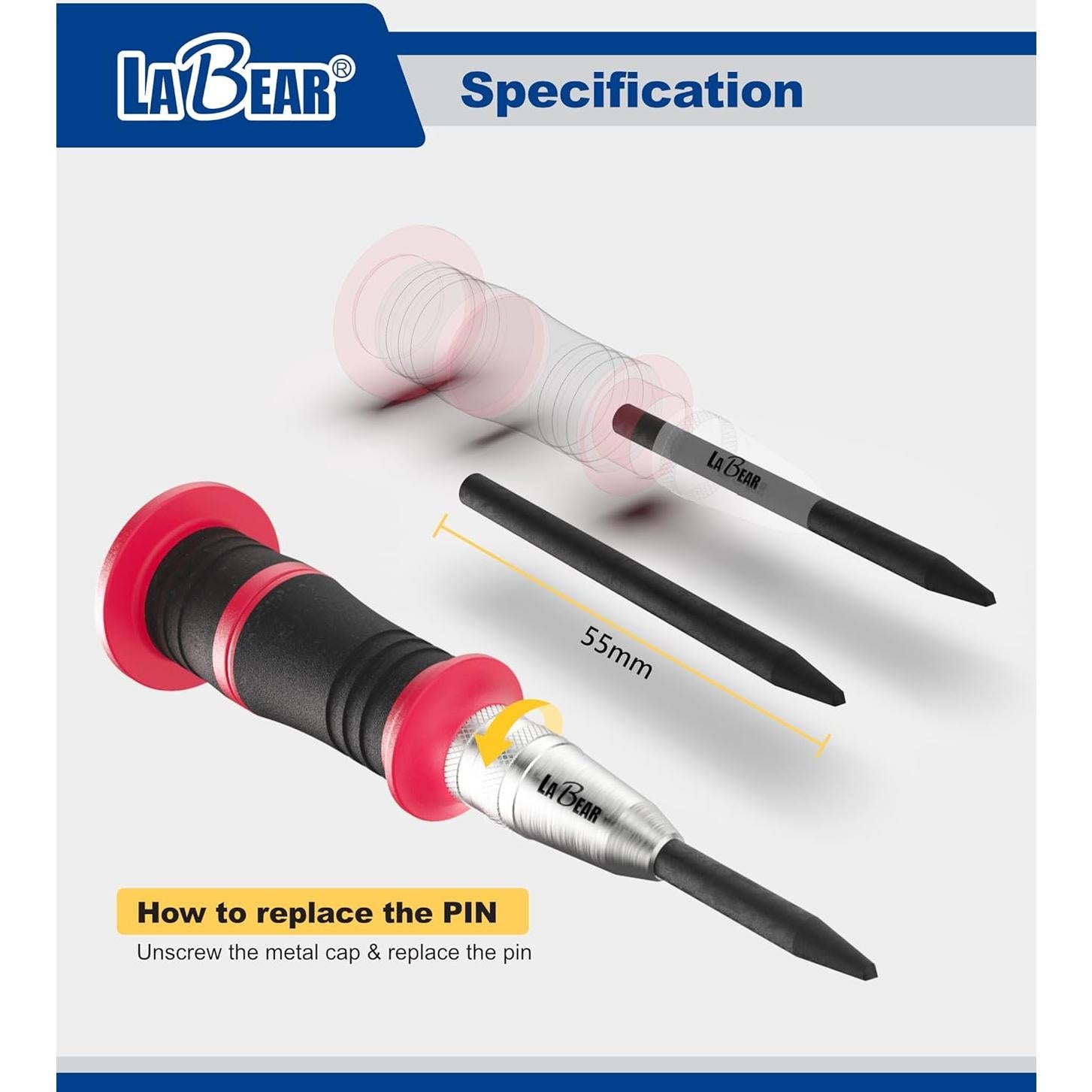 Punzón Automático de Centro LABEAR 15 cm con Punta de Acero S2