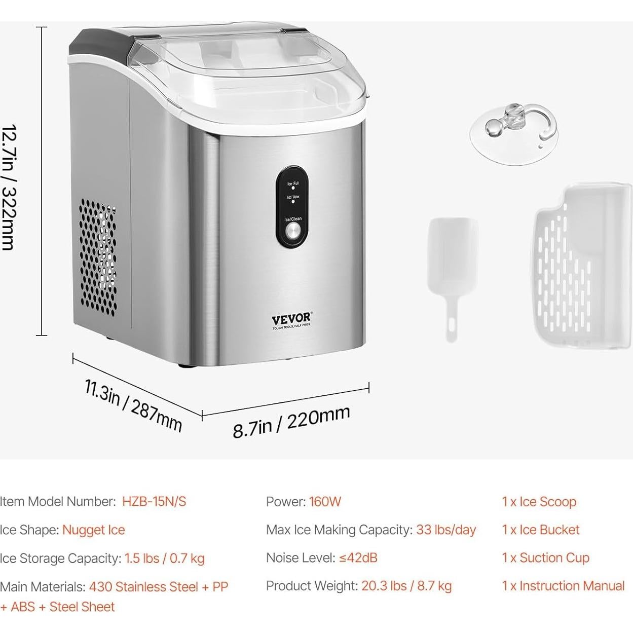 Máquina de Hielo Nugget VEVOR 15kg/24h Autolimpiante