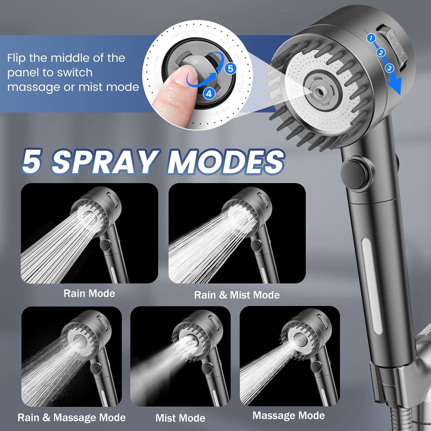 Cabezal de Ducha Filtrado Vatex con 5 Modos y Mango - Gris