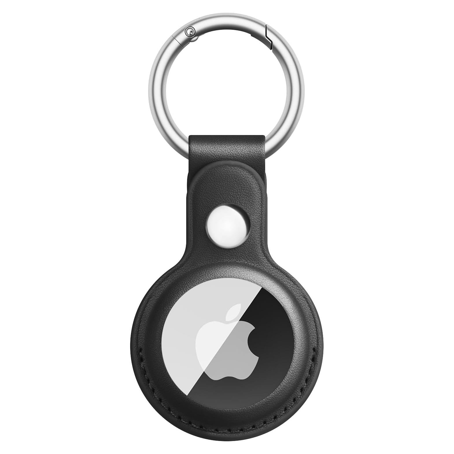 Air Tag Keychain for Apple Airtags Holder, Leather Protective Case Airtag Tracker Cover with Key Ring Compatible AirTag Dog Collar (Black)