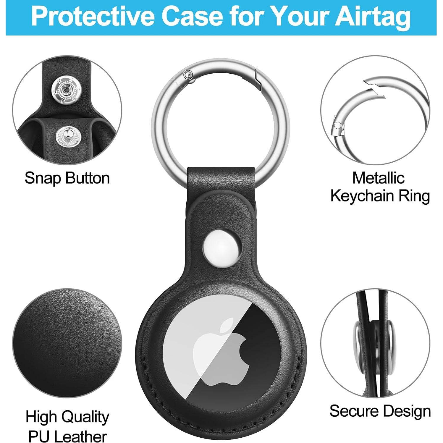 Air Tag Keychain for Apple Airtags Holder, Leather Protective Case Airtag Tracker Cover with Key Ring Compatible AirTag Dog Collar (Black)