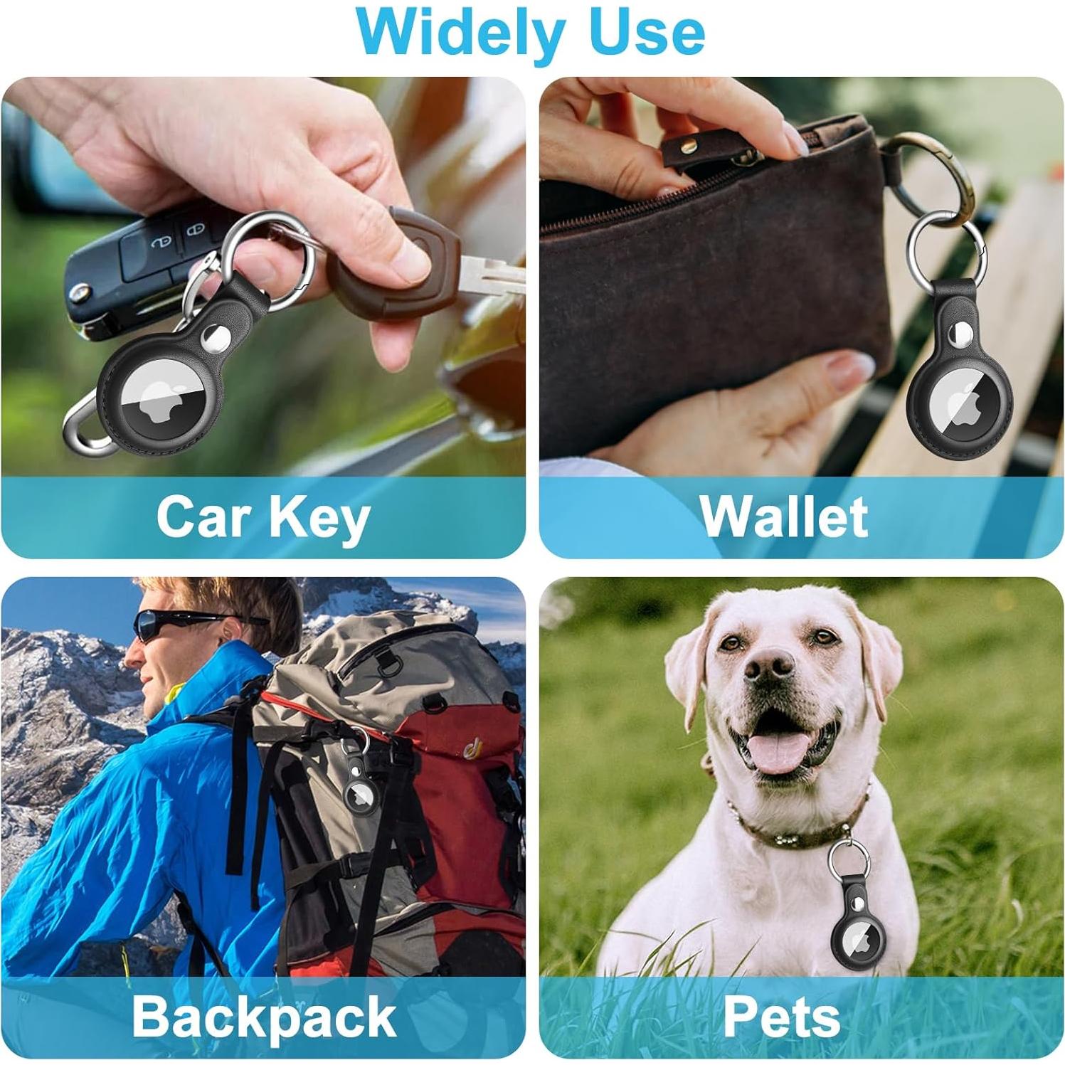 Air Tag Keychain for Apple Airtags Holder, Leather Protective Case Airtag Tracker Cover with Key Ring Compatible AirTag Dog Collar (Black)