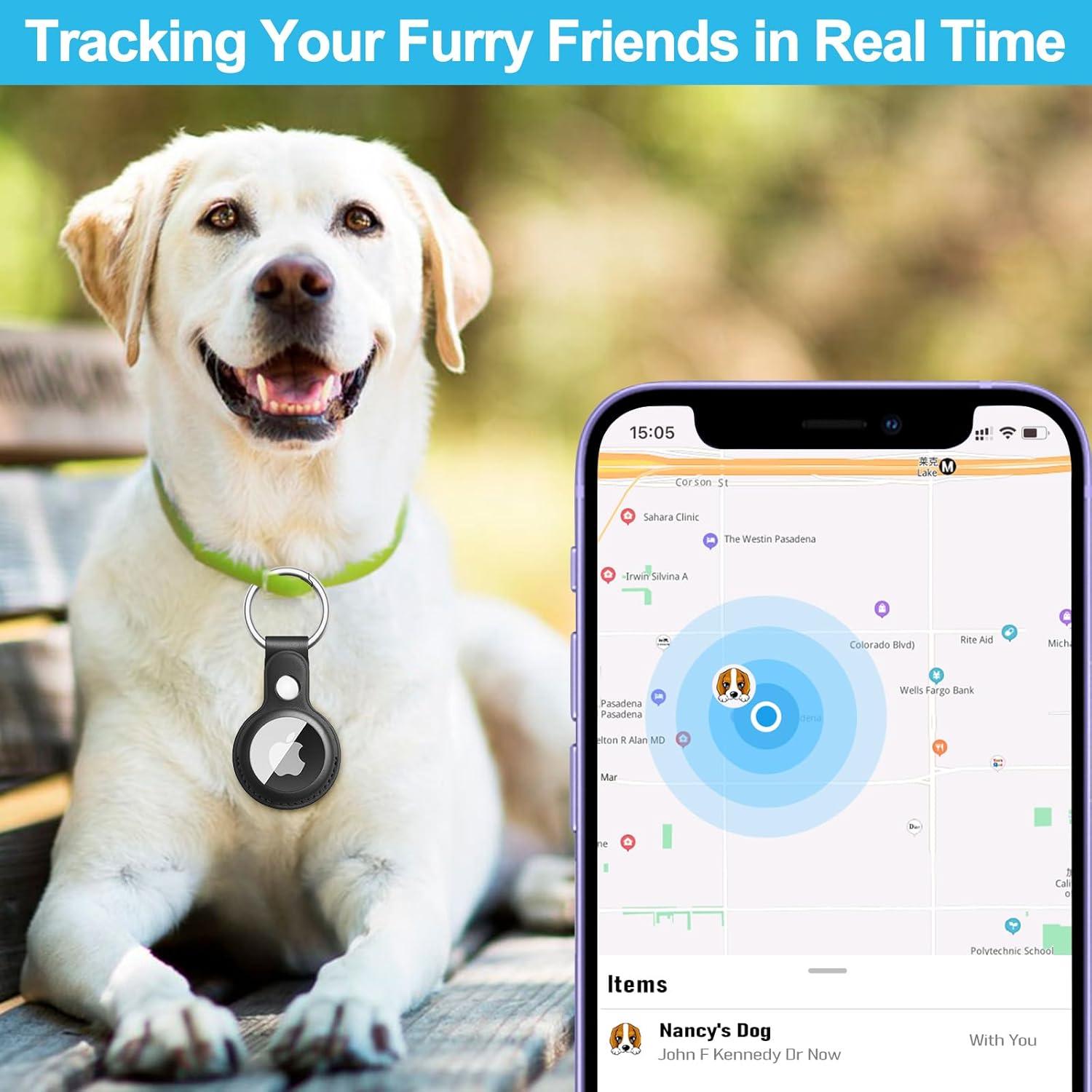 Air Tag Keychain for Apple Airtags Holder, Leather Protective Case Airtag Tracker Cover with Key Ring Compatible AirTag Dog Collar (Black)