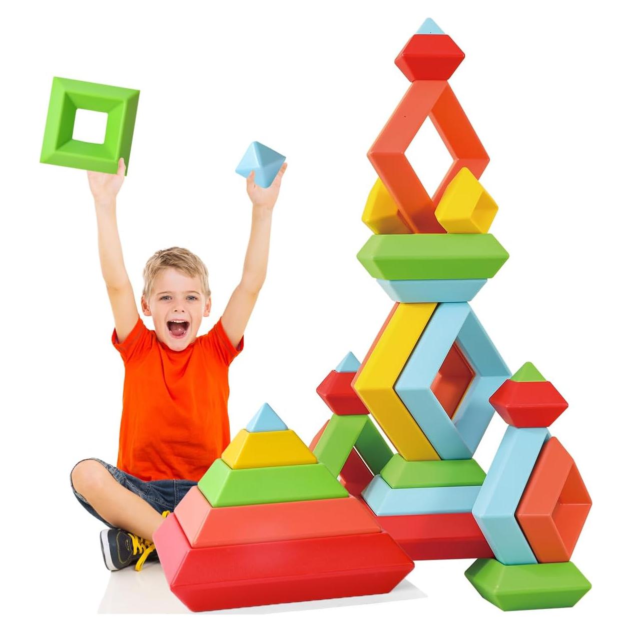 Large Building Blocks Set - 30 Giant Blocks for Stacking - Develops Hand Eye Coordination & Cognitive Skills - Ages 4-8 - Indoor & Outdoor Play