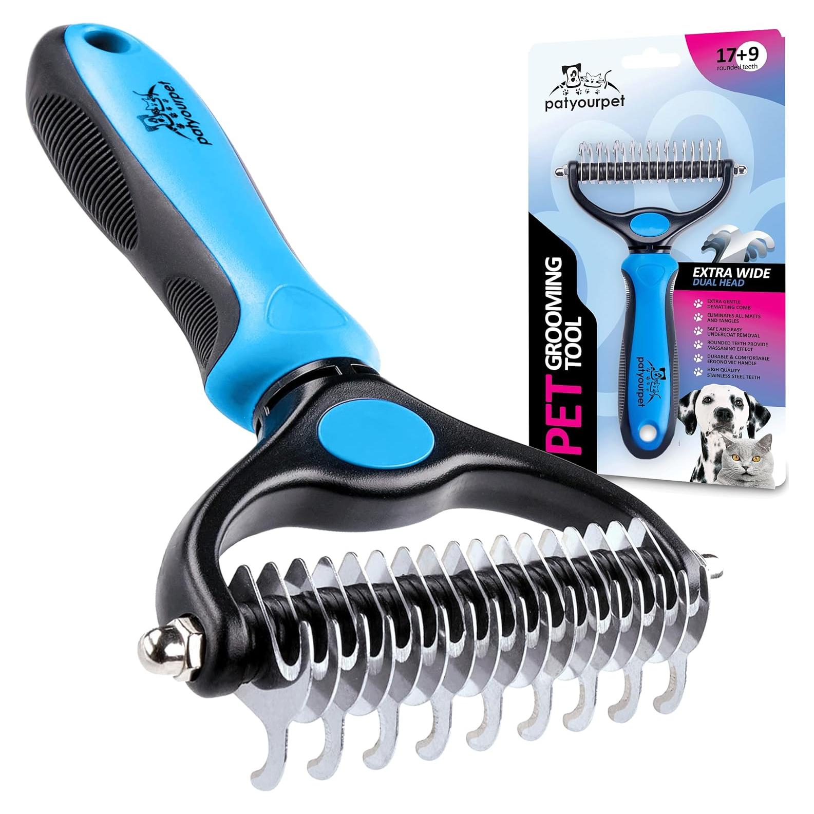 Pat Your Pet Deshedding Brush - Double-Sided Undercoat Rake for Dogs & Cats - Shedding Comb and Dematting Tool for Grooming, Extra Wide