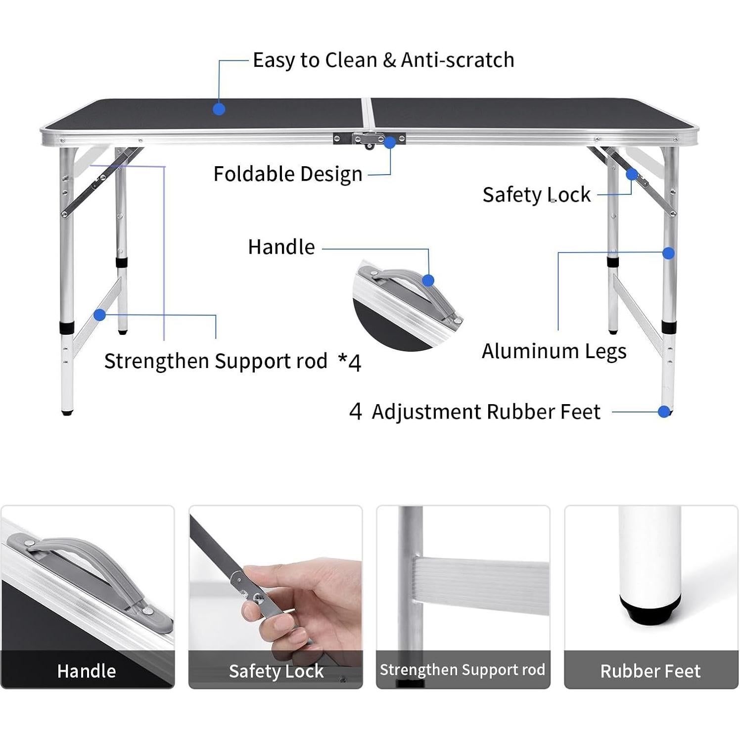 Mesa Plegable Camping Moosinily 4FT Aluminio Negra Ajustable
