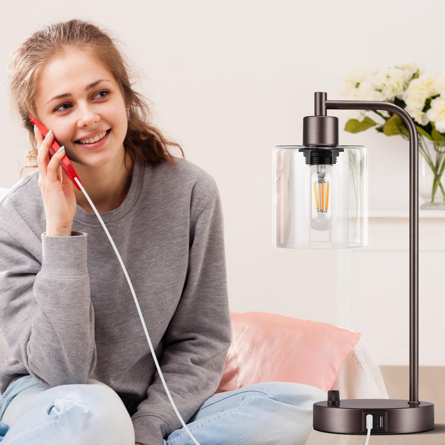 Lámpara de Mesa Industrial Nintiue Marrón con USB y Regulable