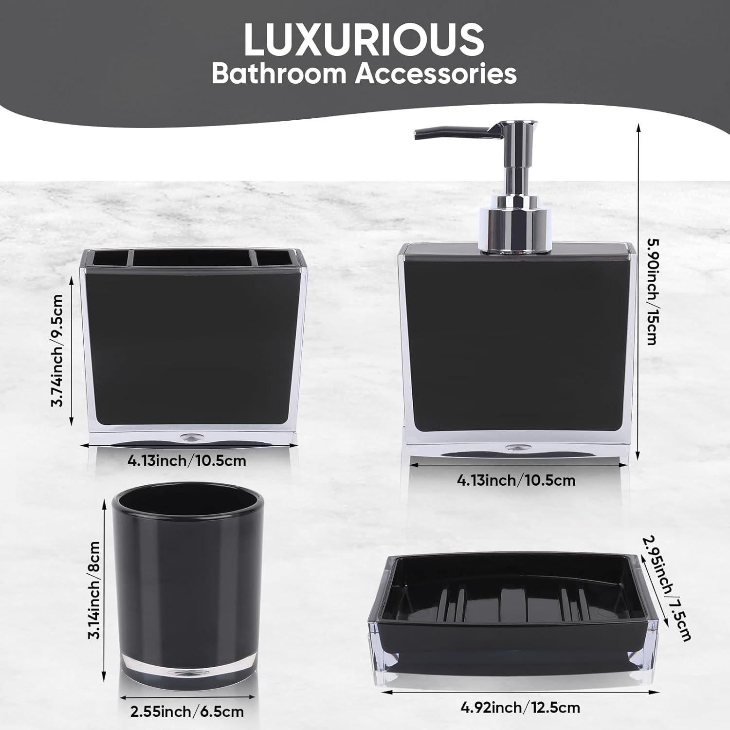 Juego de Accesorios de Baño Acrílico Premium 4 Piezas Negro