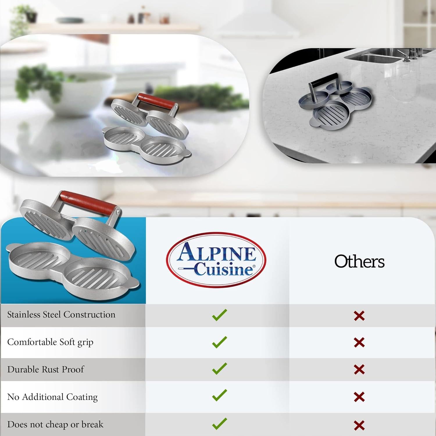 Alpine Cuisine Burger Press with Wood Handle, Hamburger Press Patty Maker, Non-Stick & Easy to Clean, Suitable for Meat Grill Press Beef Cheese Veggie Burger Maker for Grill Griddle Barbecue