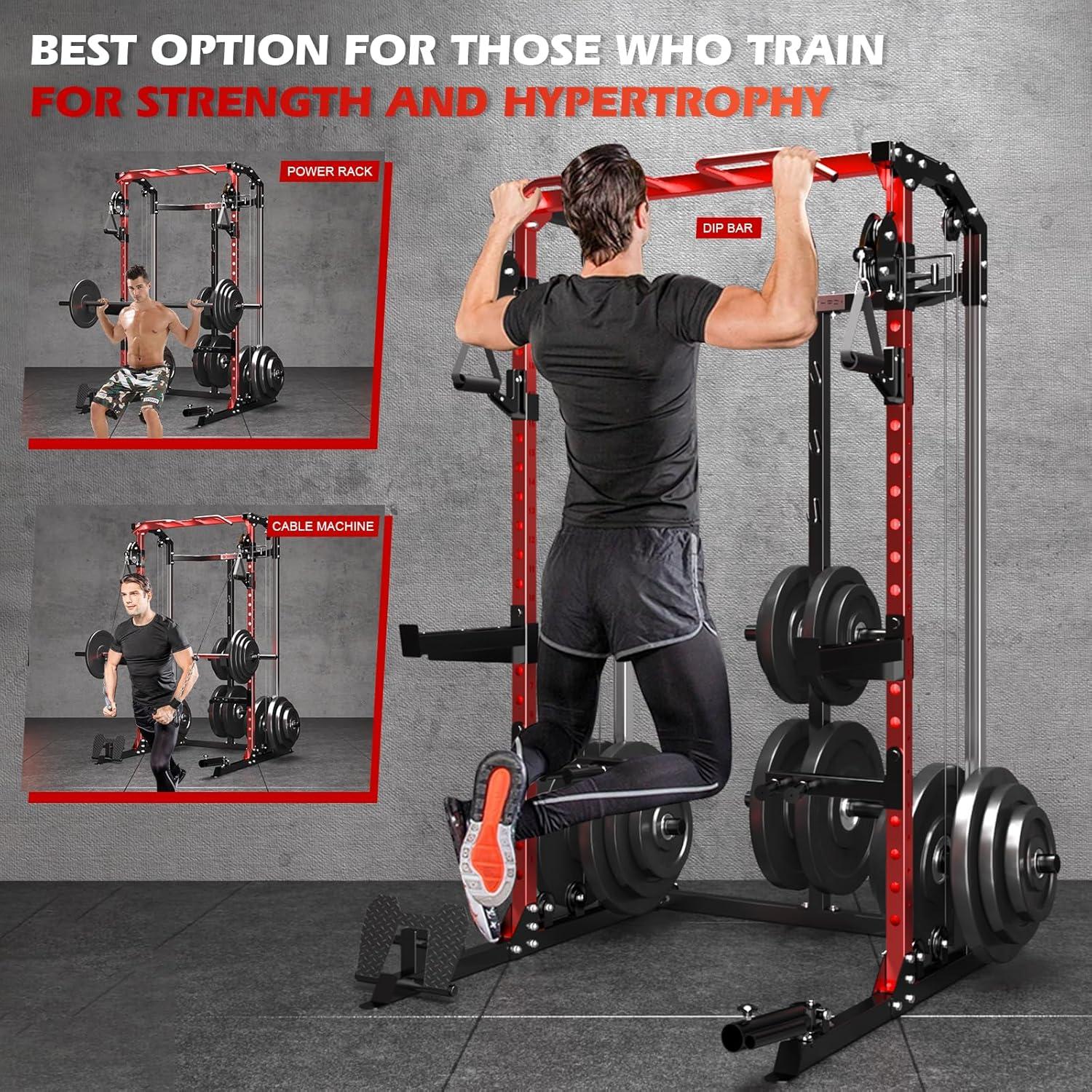 Power Cage, Power Rack with Cable Crossover System, 2000 LBS Squat Rack, Squat Rack for Home Gym, Power Rack with LAT Pulldown, Smith Machine, Folding Squat Rack, Multifunctional Home Gym Power Cage