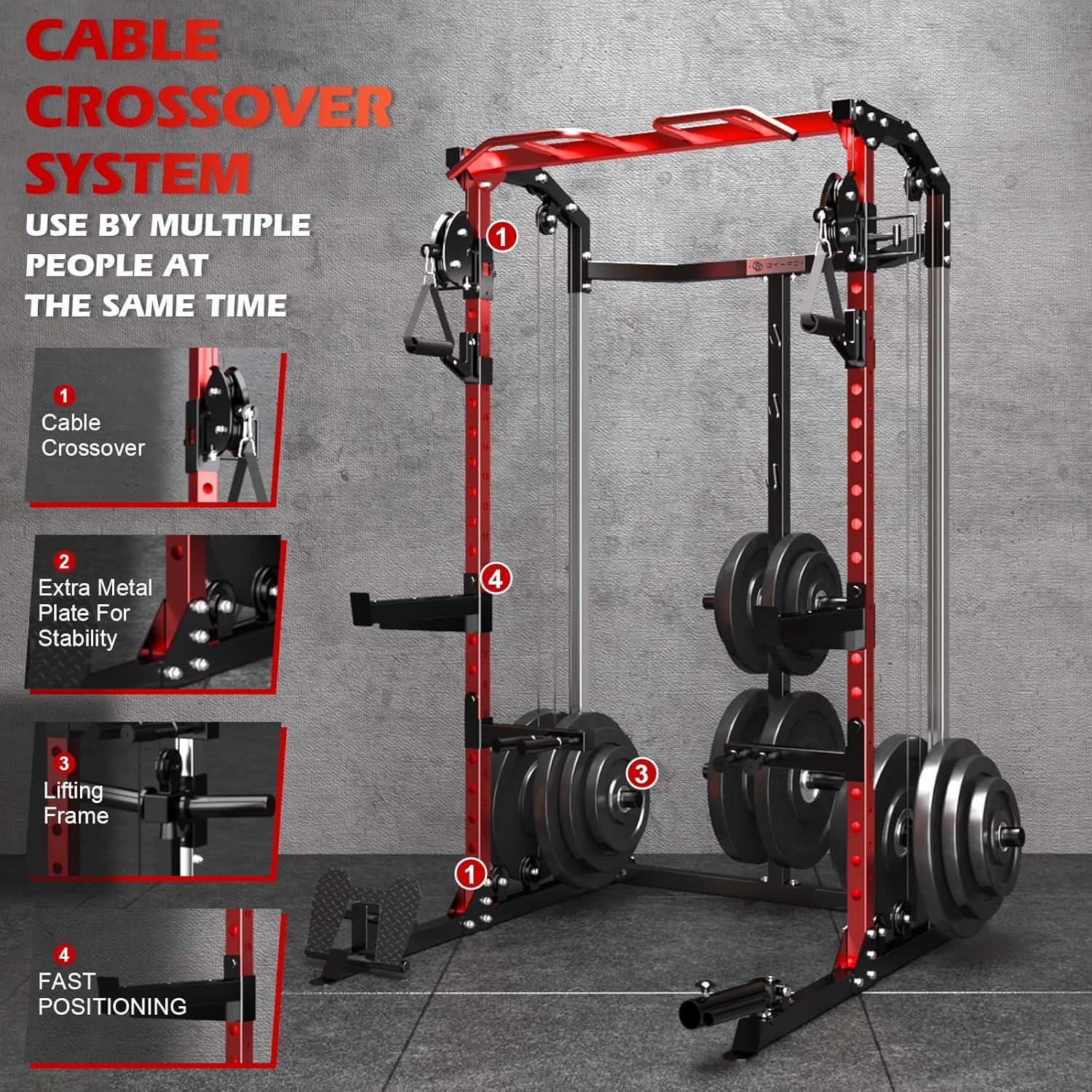 Power Cage, Power Rack with Cable Crossover System, 2000 LBS Squat Rack, Squat Rack for Home Gym, Power Rack with LAT Pulldown, Smith Machine, Folding Squat Rack, Multifunctional Home Gym Power Cage