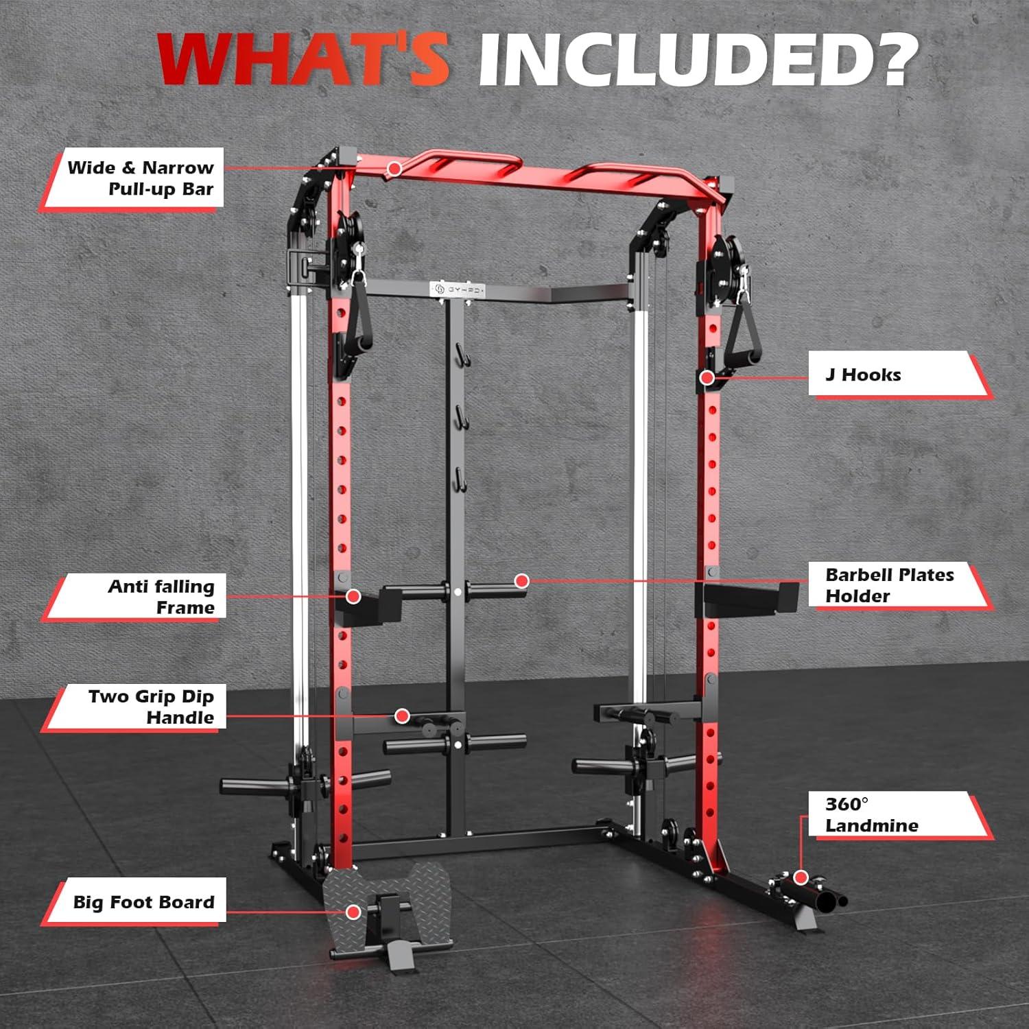 Power Cage, Power Rack with Cable Crossover System, 2000 LBS Squat Rack, Squat Rack for Home Gym, Power Rack with LAT Pulldown, Smith Machine, Folding Squat Rack, Multifunctional Home Gym Power Cage