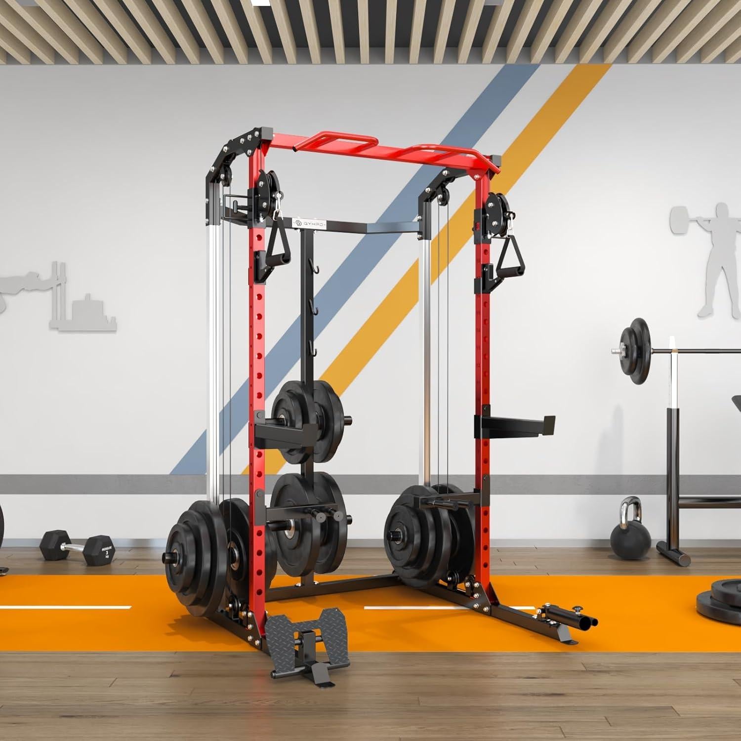 Power Cage, Power Rack with Cable Crossover System, 2000 LBS Squat Rack, Squat Rack for Home Gym, Power Rack with LAT Pulldown, Smith Machine, Folding Squat Rack, Multifunctional Home Gym Power Cage