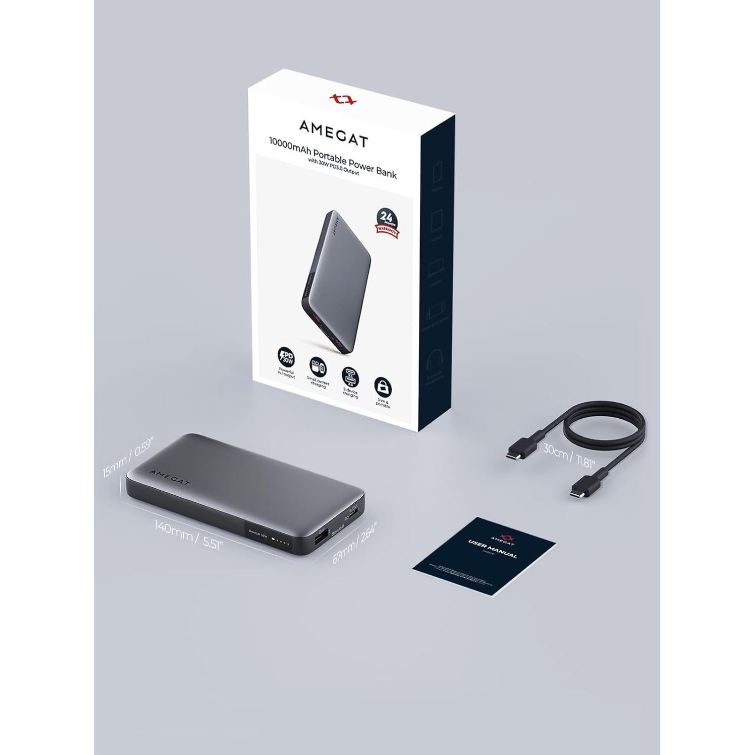 Cargador Portátil AMEGAT 10000mAh 30W USB-C Carga Rápida