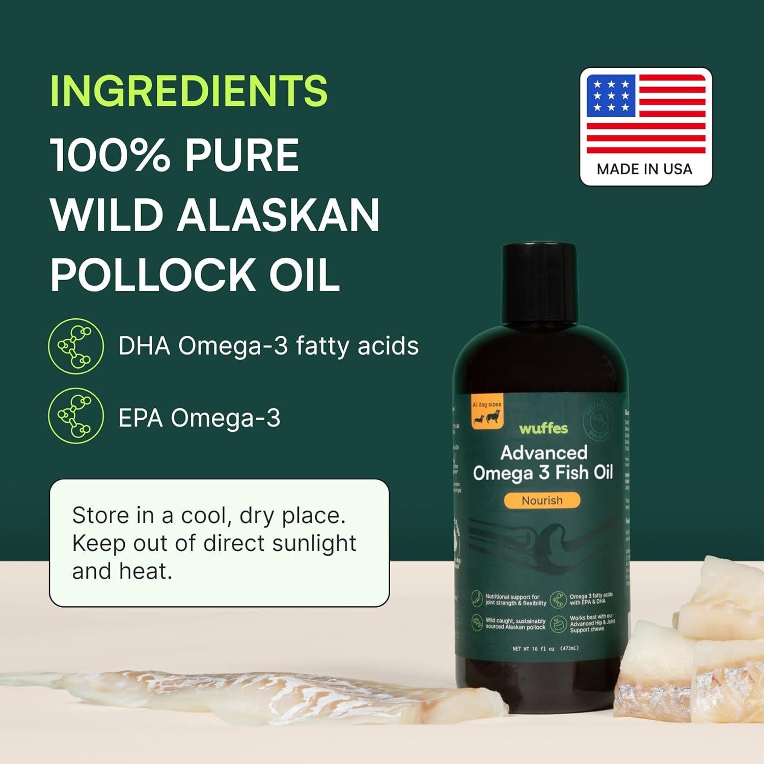 Wuffes Advanced Omega 3 Fish Oil for Dogs, Natural EPA & DHA Fatty Acids, Supports Healthy Skin and Coat, Joint Nutrition, Digestion & Immune System - 100% Pure Wild Alaskan Fish Oil - 8 Oz