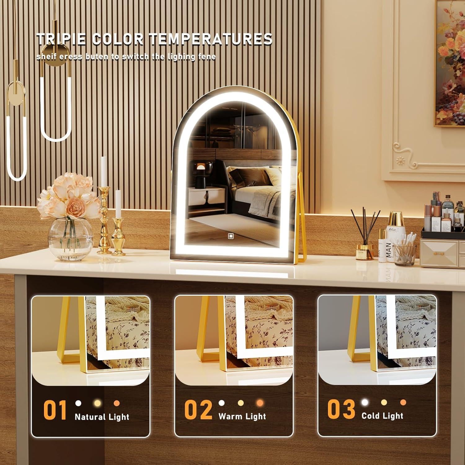 Espejo de Vanity LED Gvnkvn Dorado 35.5x27.9cm 3 Colores