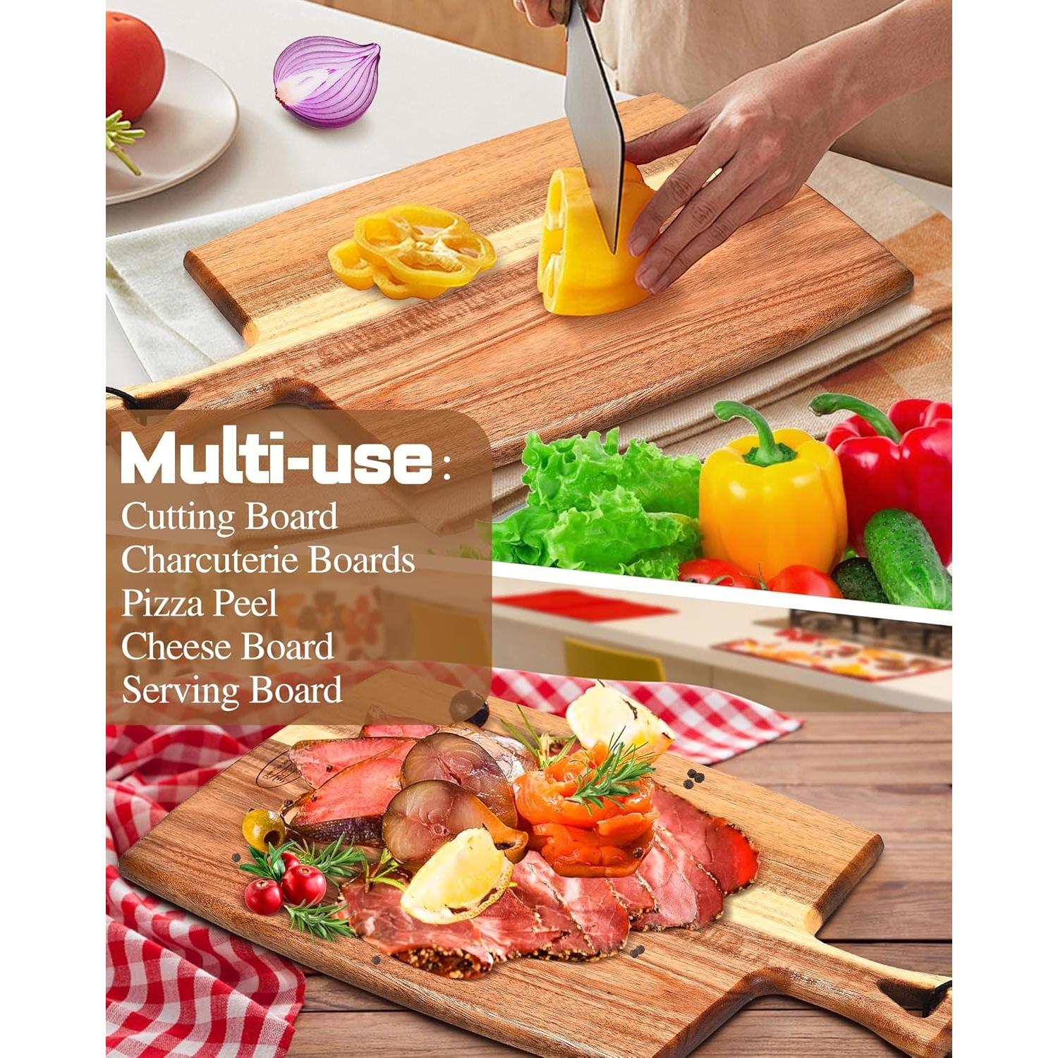 Acacia Wood Cutting Board with Handle(16x10"Rectangle).charcuterie boards-Serving Board-Pizza Board-Cheese Board-decorative cutting boards for kitchen.Durable Multipurpose