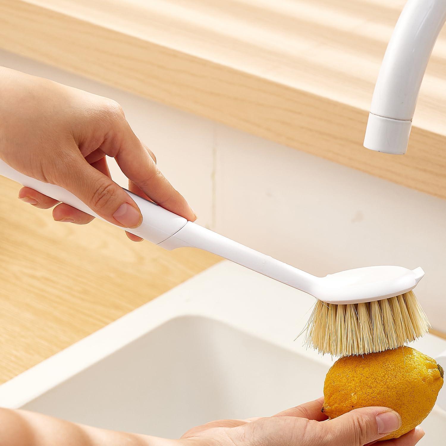 Kitchen Cleaning Brush(Natural Sisal Bristles),Pot Dish Brush Pots Comfortable Long Built-in Scraper Scrub Brush for Pans,Kitchen Sink Cleaning(White