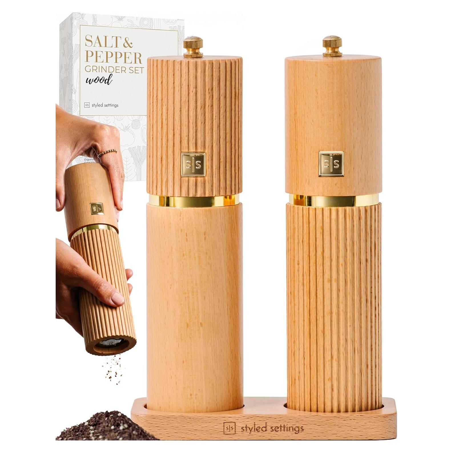 Styled Settings Wooden Salt and Pepper Grinder Set with Gold Accents – Refillable Wooden Manual Salt and Pepper Mill Set with Adjustable Ceramic Mills & Matching Wood Stand - Ideal for Gifting