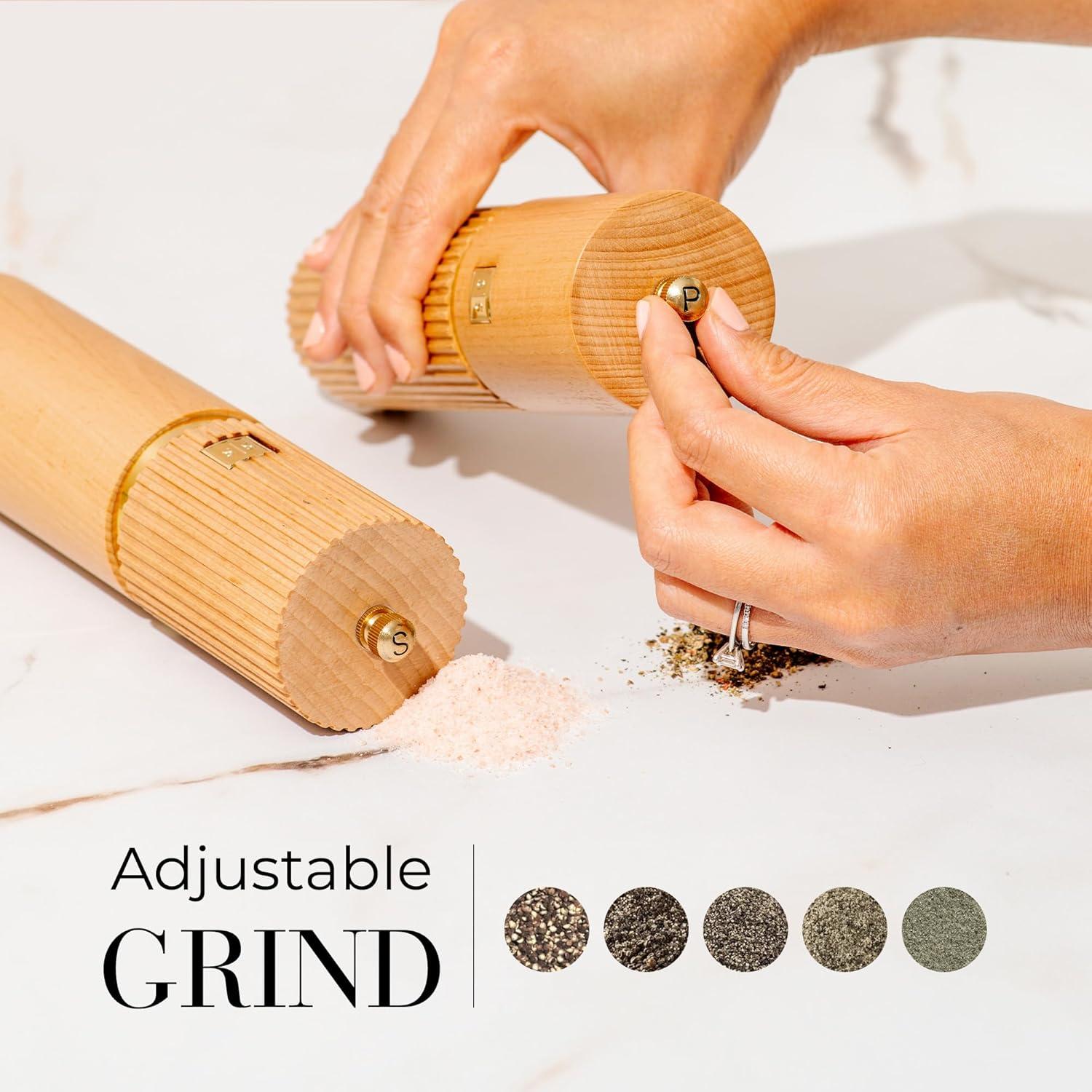 Styled Settings Wooden Salt and Pepper Grinder Set with Gold Accents – Refillable Wooden Manual Salt and Pepper Mill Set with Adjustable Ceramic Mills & Matching Wood Stand - Ideal for Gifting