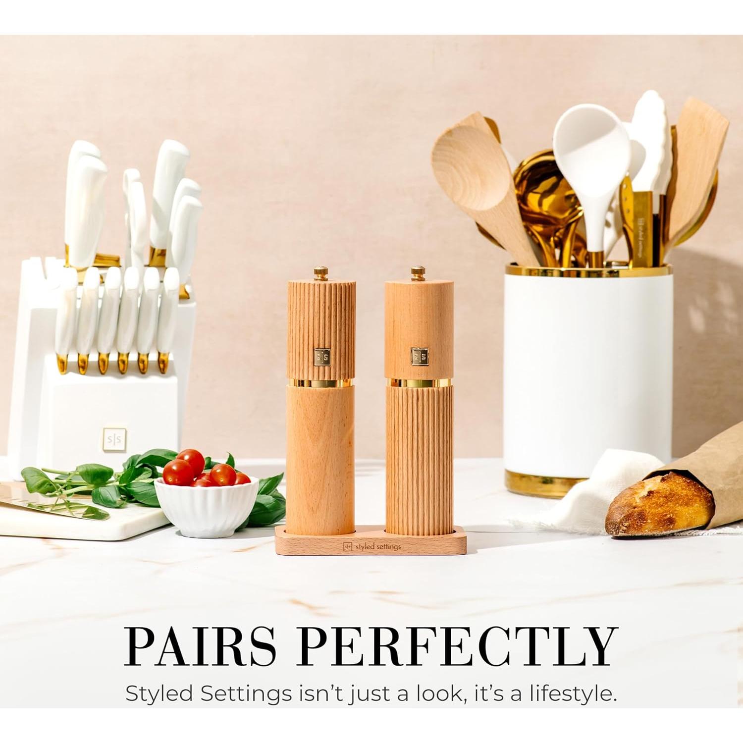 Styled Settings Wooden Salt and Pepper Grinder Set with Gold Accents – Refillable Wooden Manual Salt and Pepper Mill Set with Adjustable Ceramic Mills & Matching Wood Stand - Ideal for Gifting