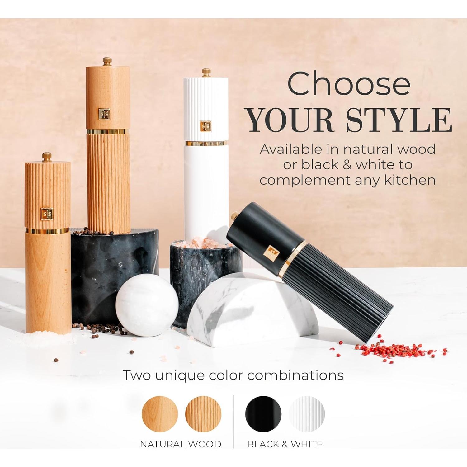 Styled Settings Wooden Salt and Pepper Grinder Set with Gold Accents – Refillable Wooden Manual Salt and Pepper Mill Set with Adjustable Ceramic Mills & Matching Wood Stand - Ideal for Gifting