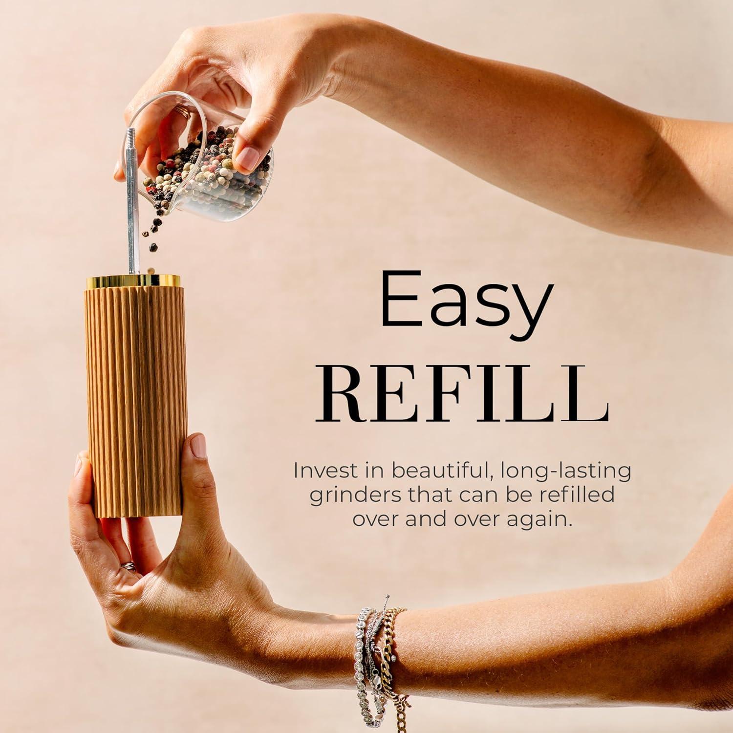 Styled Settings Wooden Salt and Pepper Grinder Set with Gold Accents – Refillable Wooden Manual Salt and Pepper Mill Set with Adjustable Ceramic Mills & Matching Wood Stand - Ideal for Gifting