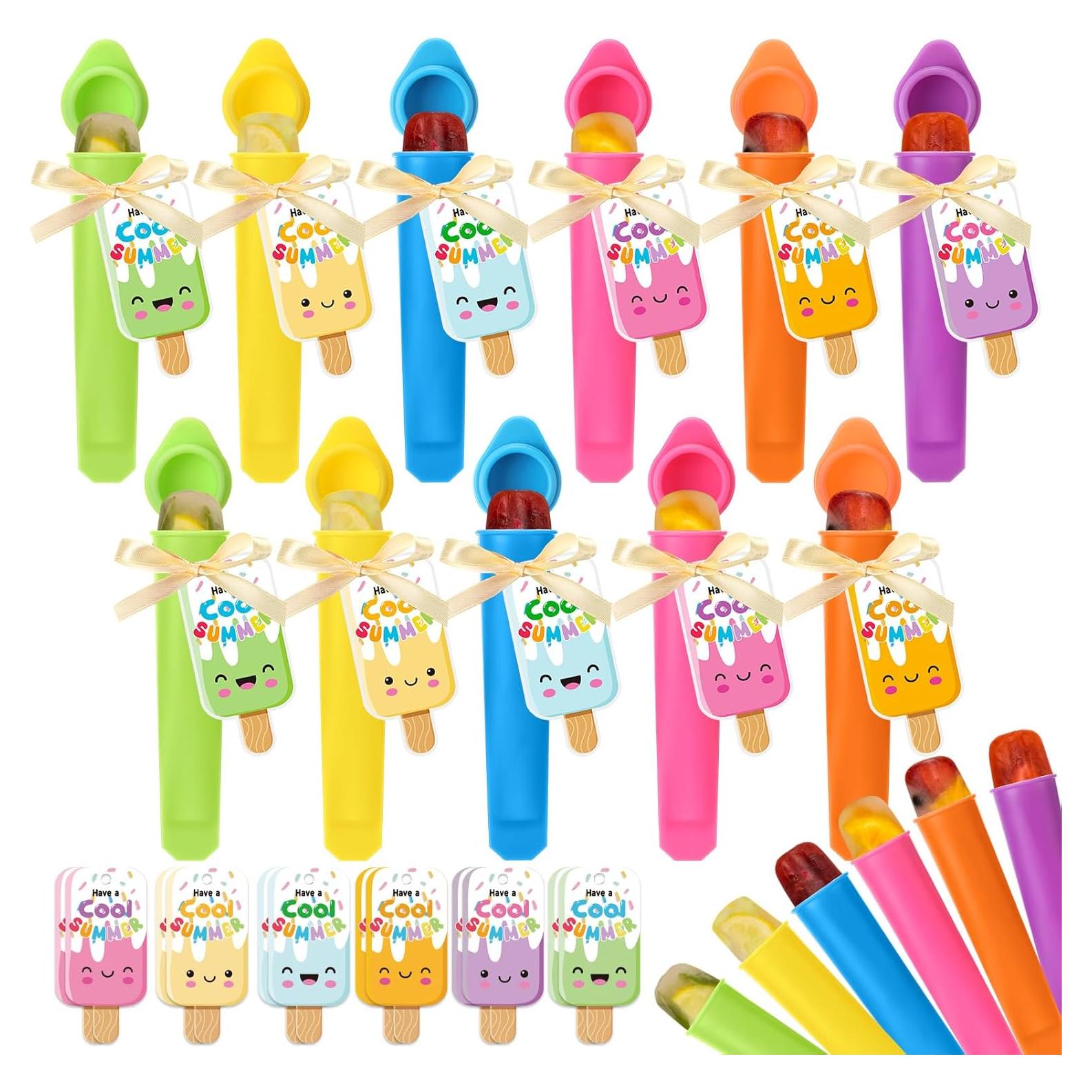 24 Pack End of Year Gifts Bulk with Silicone Ice Pop Molds Summer Cards Graduation Gifts Summer Party Favors Ice Cream Party Favors Pool Party Favors Goodie Bags(Round)