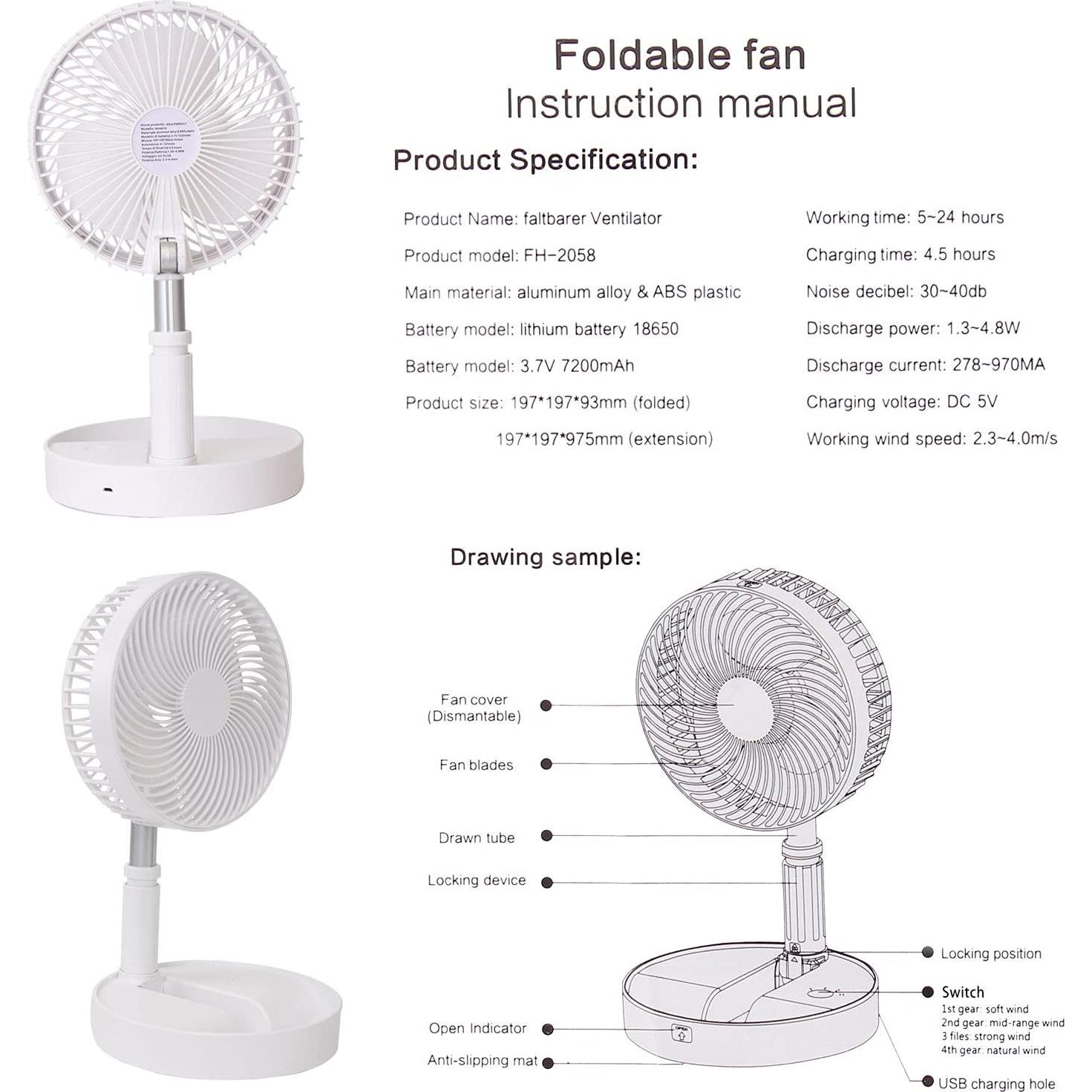 Ventilador Plegable LOREAD 7200mAh Altura Ajustable 36-99cm