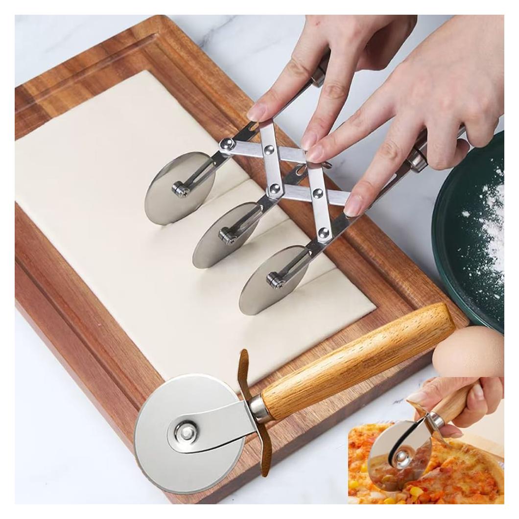 3-Wheel Pastry Knife, Dough Cutter and Wooden Handle Pizza Knife Wheel,Spaghetti And Noodle Slicer, Stainless Steel Pizza slicer, multiple pasta roller cutter tools, (with handle)
