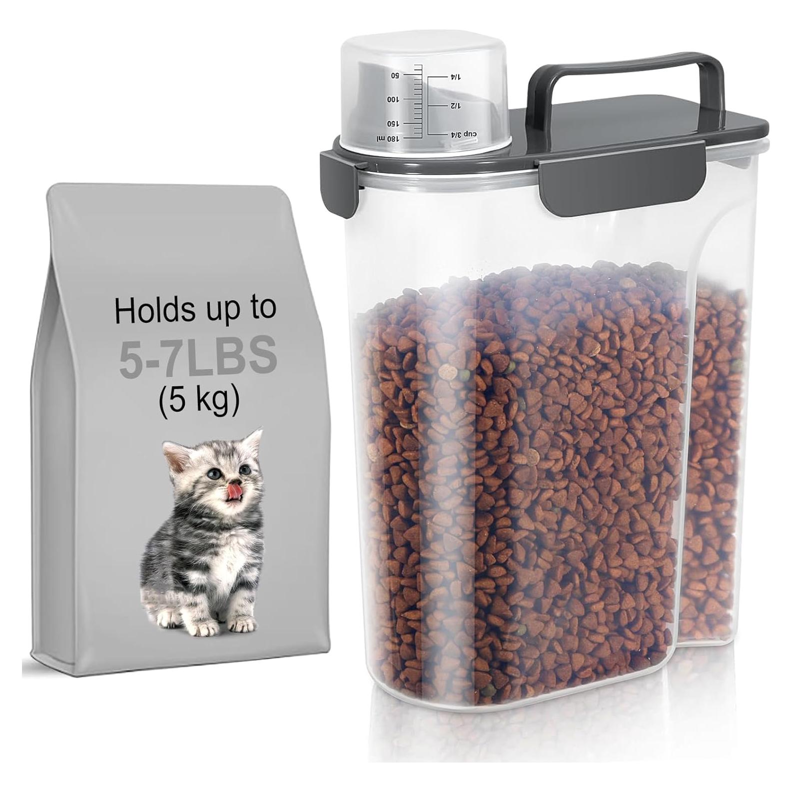 5Lbs Dog Cat Storage Container Portable with Upgraded Large Spout and Cup, Plastic Pet Food Dispenser for Small Animal Kibble, Bird Seed, Oatmeal, Rice, Flour, Brown Sugart-Dark Gray