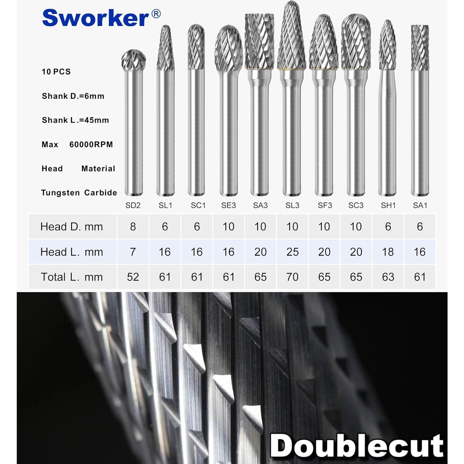 Juego de 10 Fresas de Carburo Sworker 6mm con Caja